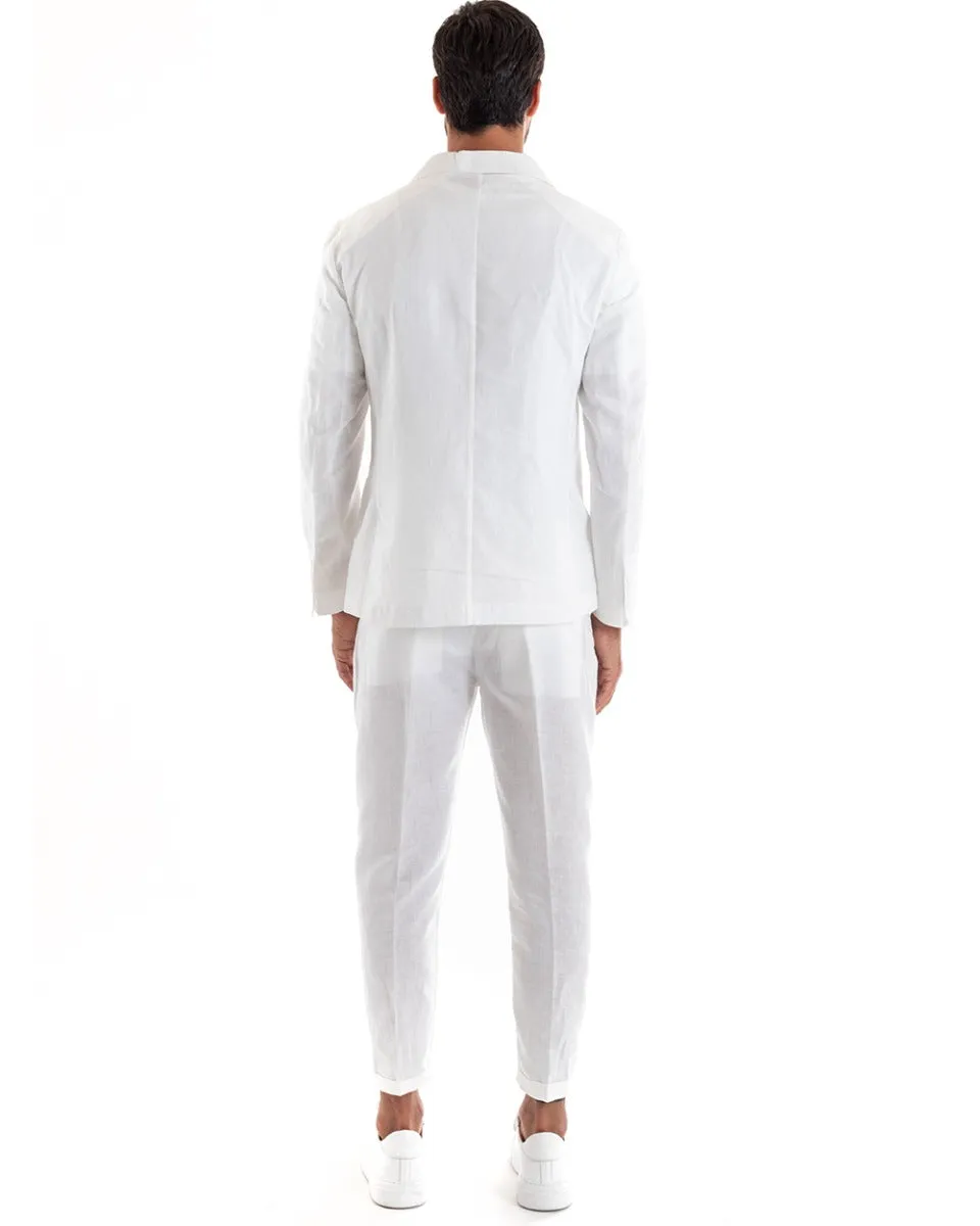 Abito Uomo Doppiopetto Vestito Lino Completo Giacca Pantaloni Tinta Unita Bianco Elegante Sartoriale Cerimonia GIOSAL-OU2132A