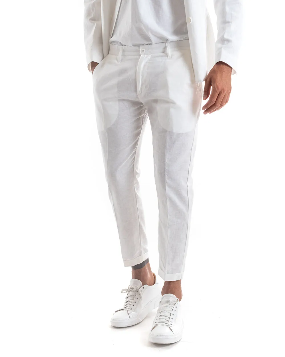 Abito Uomo Doppiopetto Vestito Lino Completo Giacca Pantaloni Tinta Unita Bianco Elegante Sartoriale Cerimonia GIOSAL-OU2132A