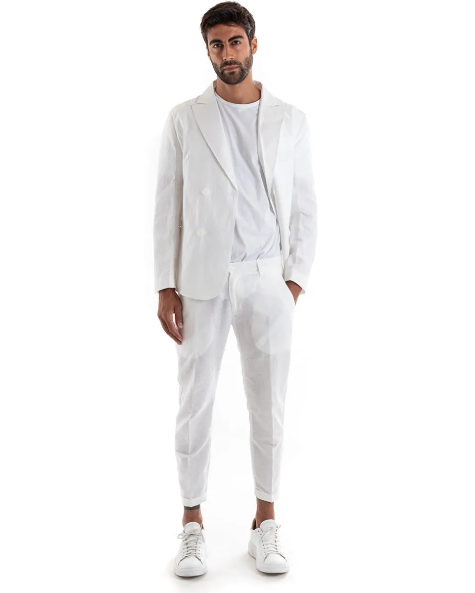 Abito Uomo Doppiopetto Vestito Lino Completo Giacca Pantaloni Tinta Unita Bianco Elegante Sartoriale Cerimonia GIOSAL-OU2132A