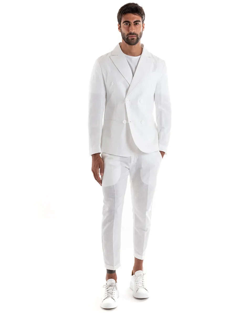 Abito Uomo Doppiopetto Vestito Lino Completo Giacca Pantaloni Tinta Unita Bianco Elegante Sartoriale Cerimonia GIOSAL-OU2132A