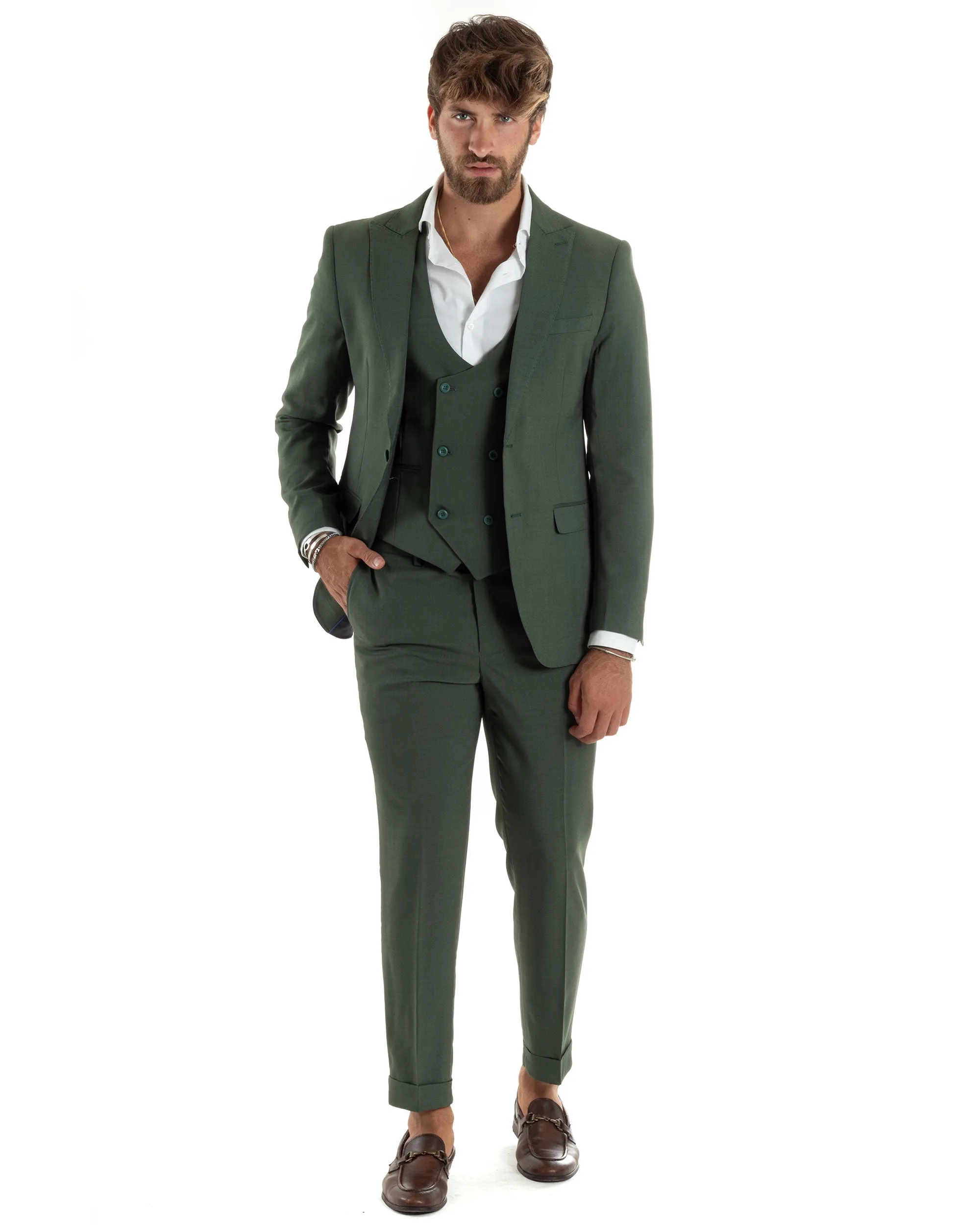 Abito Uomo Monopetto Vestito 3 Pezzi Completo Giacca Pantaloni Panciotto Elegante Sartoriale Verde Melangiato GIOSAL-AE1061A