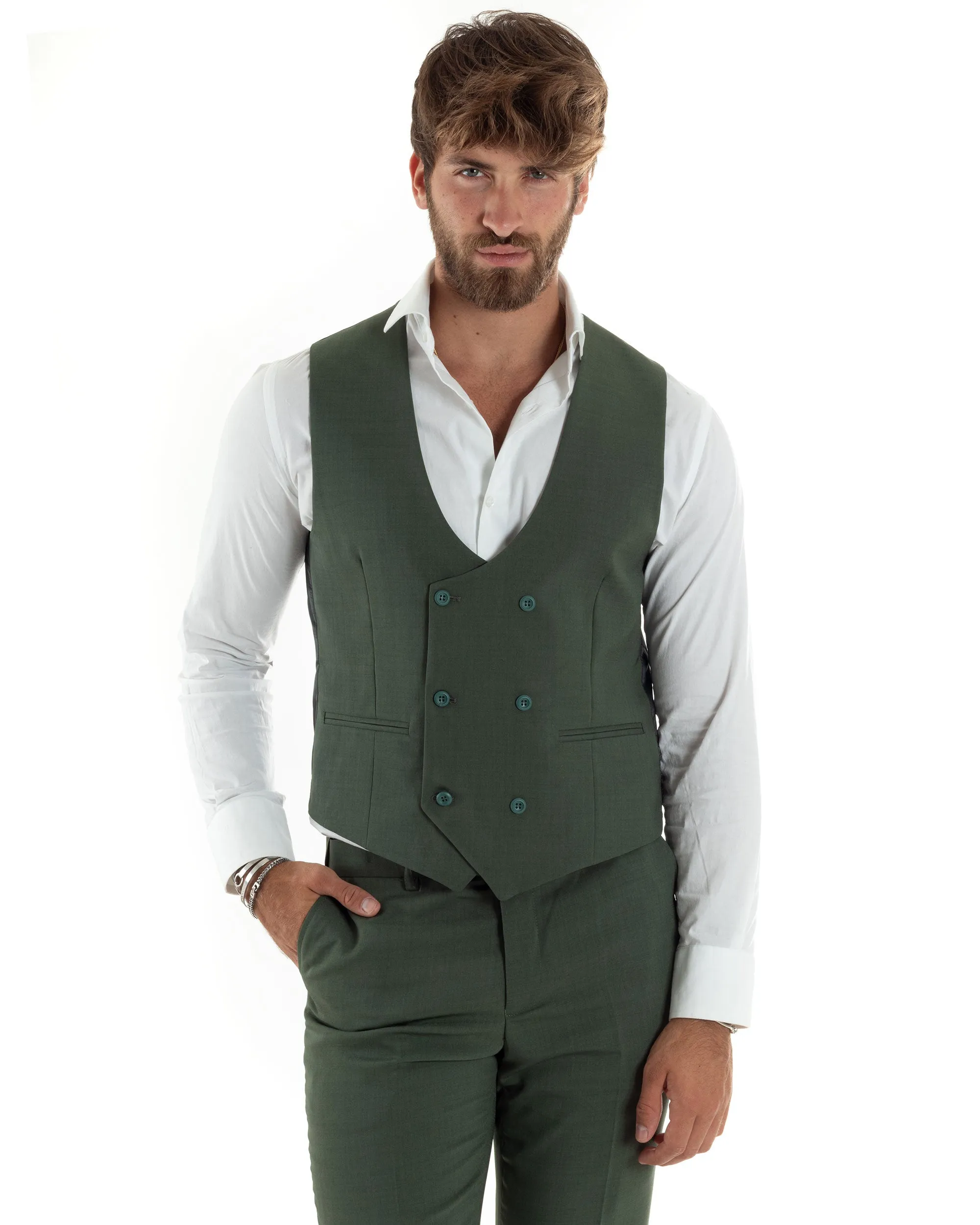 Abito Uomo Monopetto Vestito 3 Pezzi Completo Giacca Pantaloni Panciotto Elegante Sartoriale Verde Melangiato GIOSAL-AE1061A