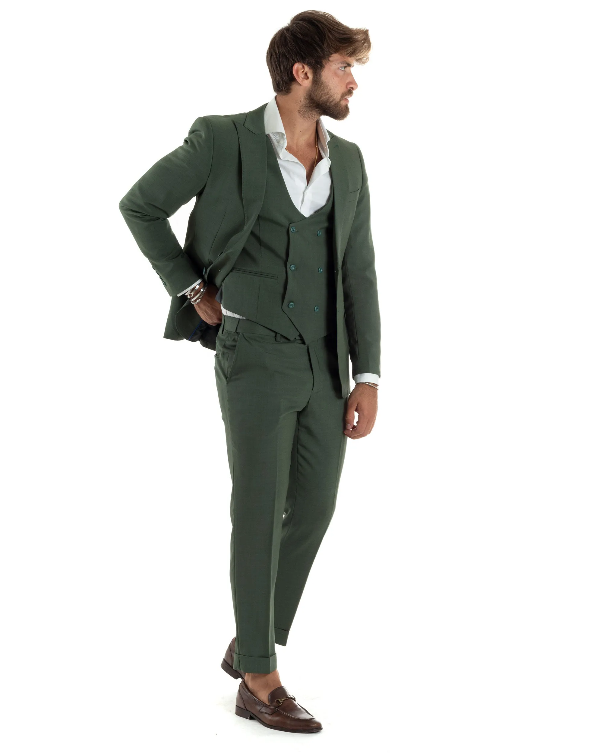 Abito Uomo Monopetto Vestito 3 Pezzi Completo Giacca Pantaloni Panciotto Elegante Sartoriale Verde Melangiato GIOSAL-AE1061A