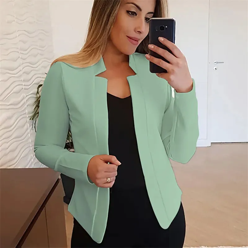 Blazer Donna Casual Aperta Tinta Unita Manica Lunga Senza Bottoni Avvitata Slim Fit