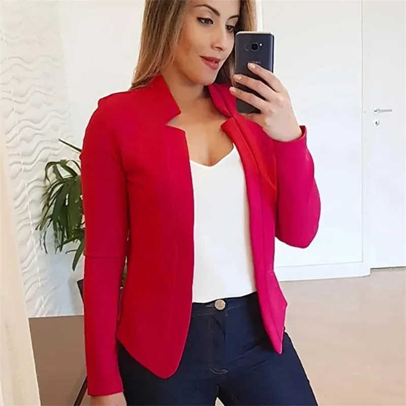 Blazer Donna Casual Aperta Tinta Unita Manica Lunga Senza Bottoni Avvitata Slim Fit