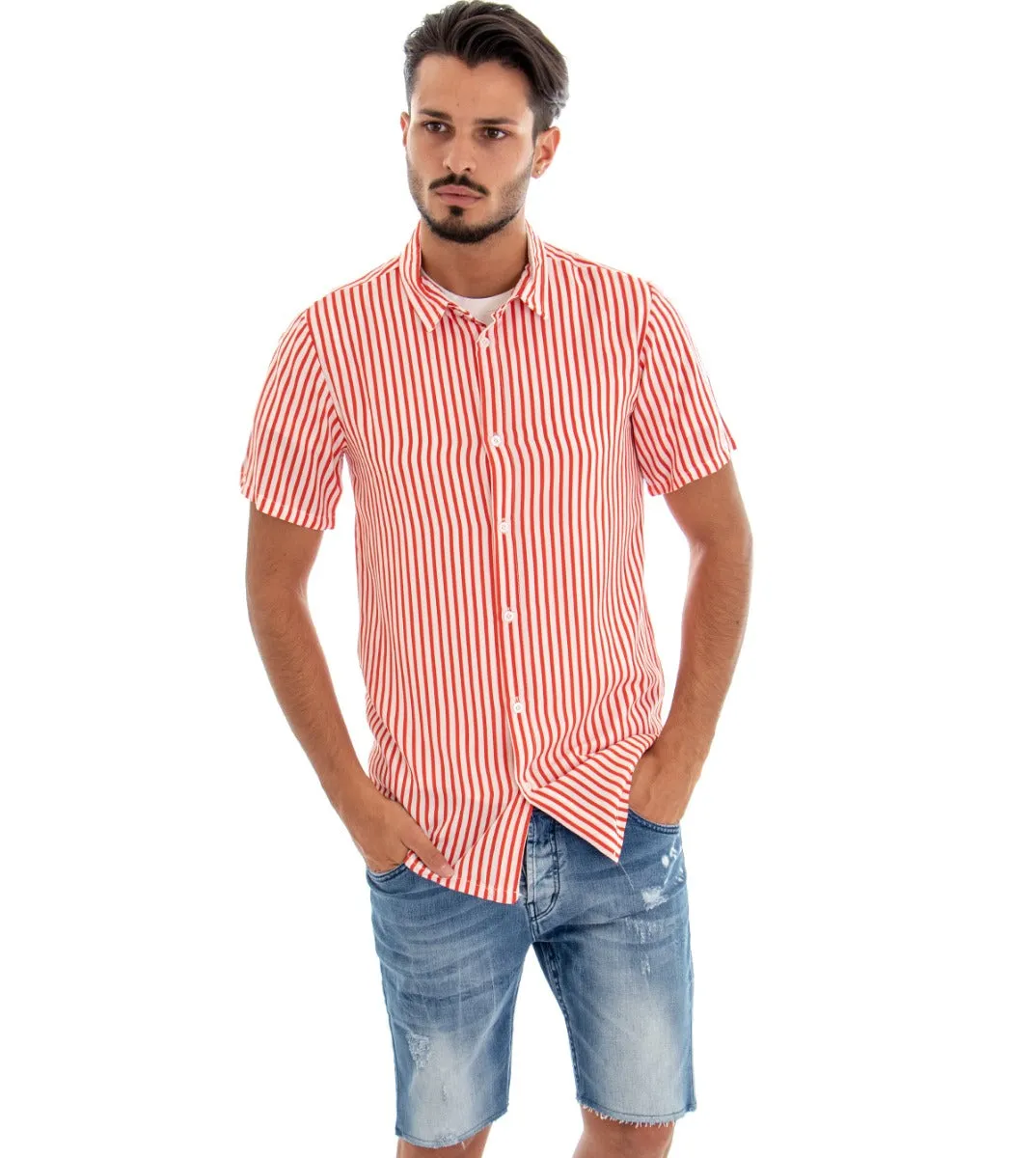 Camicia Manica Corta Uomo Colletto Righe Rigata Rosso Bianco GIOSAL-CC1080A