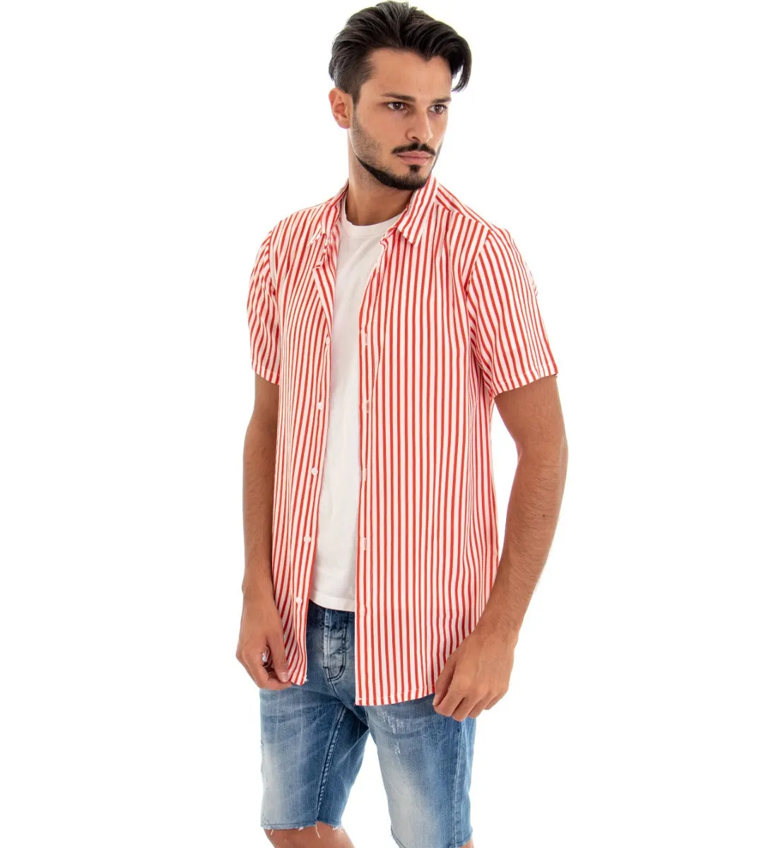 Camicia Manica Corta Uomo Colletto Righe Rigata Rosso Bianco GIOSAL-CC1080A