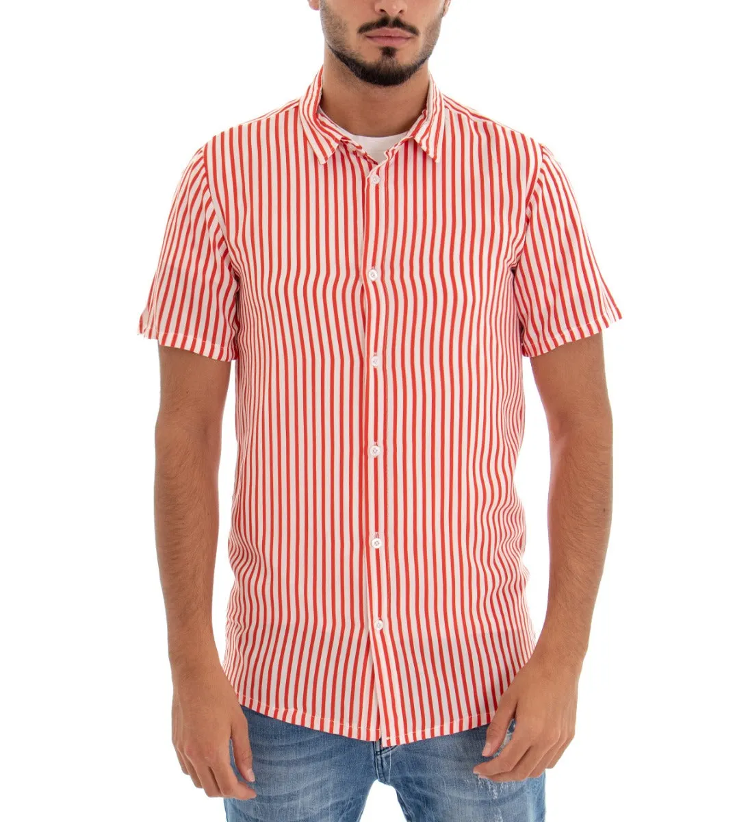 Camicia Manica Corta Uomo Colletto Righe Rigata Rosso Bianco GIOSAL-CC1080A