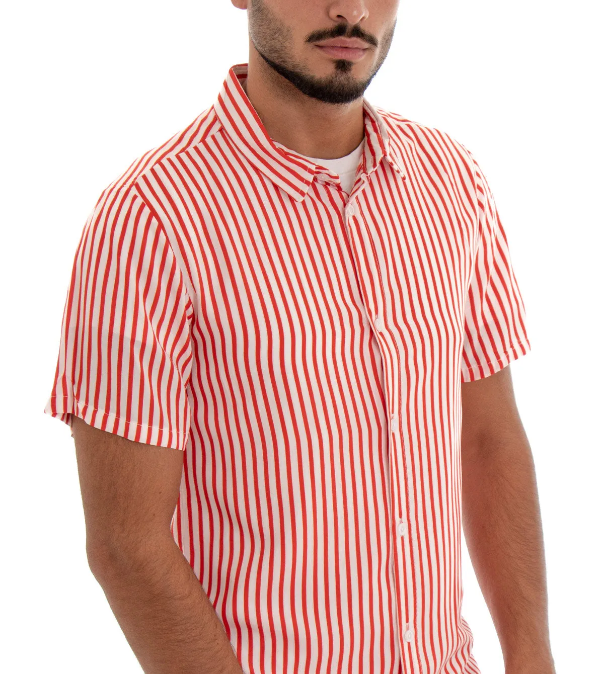 Camicia Manica Corta Uomo Colletto Righe Rigata Rosso Bianco GIOSAL-CC1080A