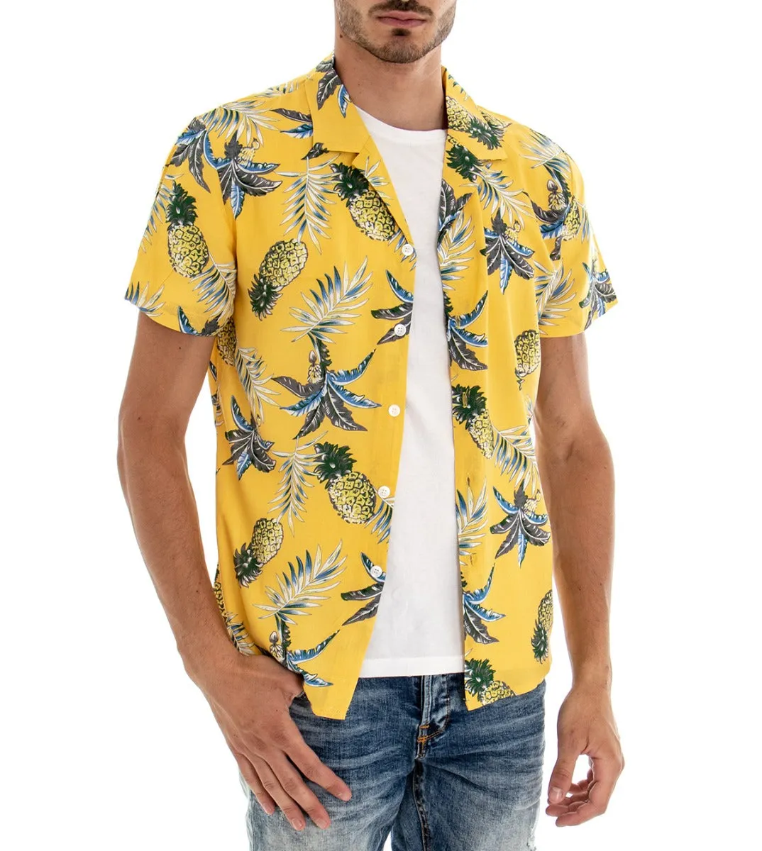 Camicia Manica Corta Uomo Giallo Floreale Colletto GIOSAL-CC1090A