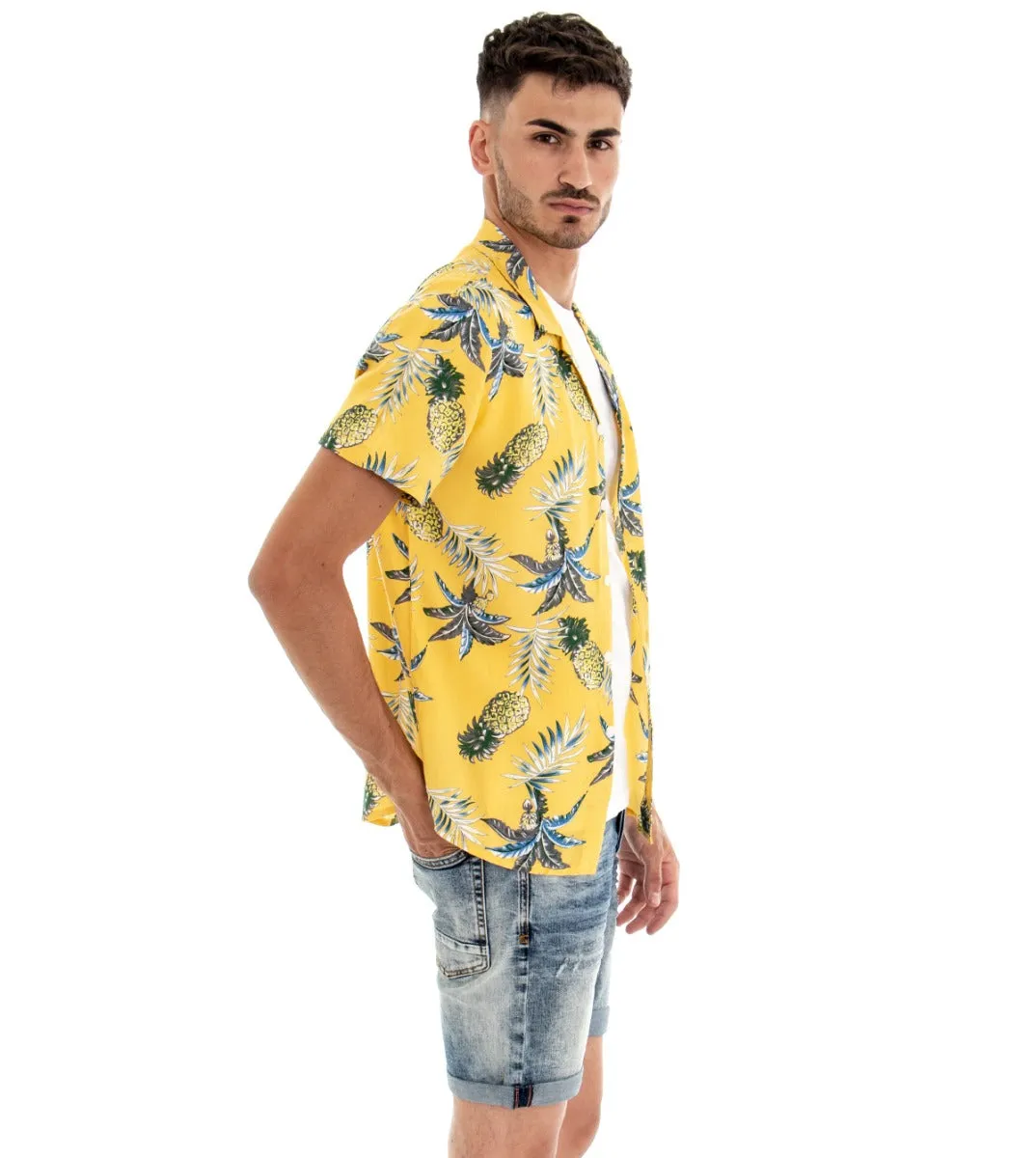 Camicia Manica Corta Uomo Giallo Floreale Colletto GIOSAL-CC1090A