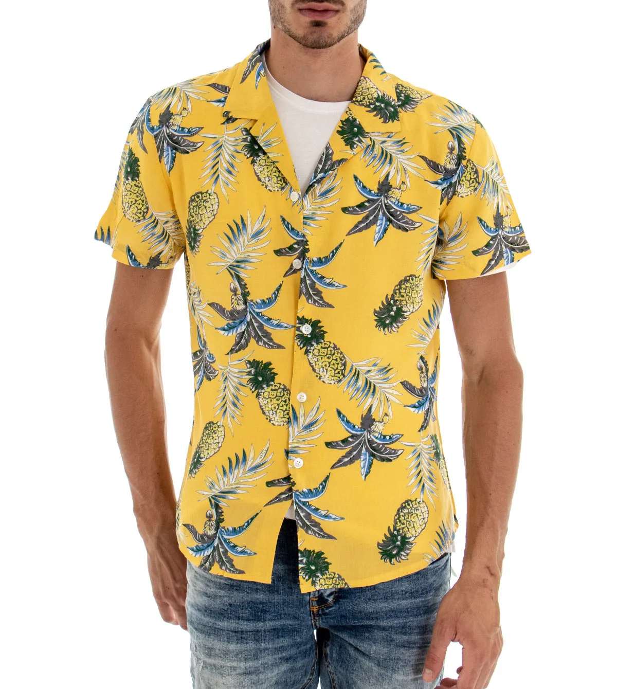 Camicia Manica Corta Uomo Giallo Floreale Colletto GIOSAL-CC1090A