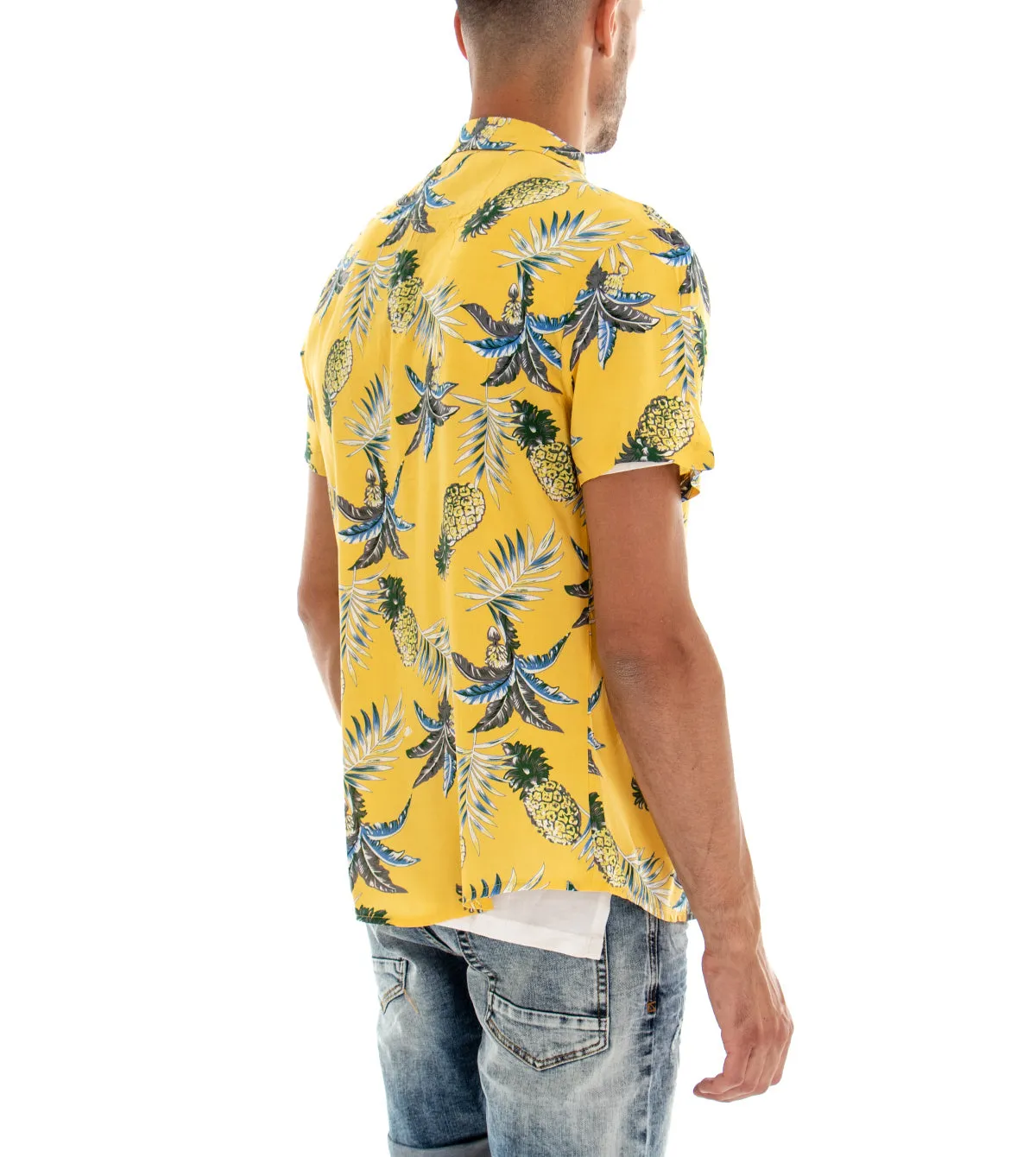 Camicia Manica Corta Uomo Giallo Floreale Colletto GIOSAL-CC1090A