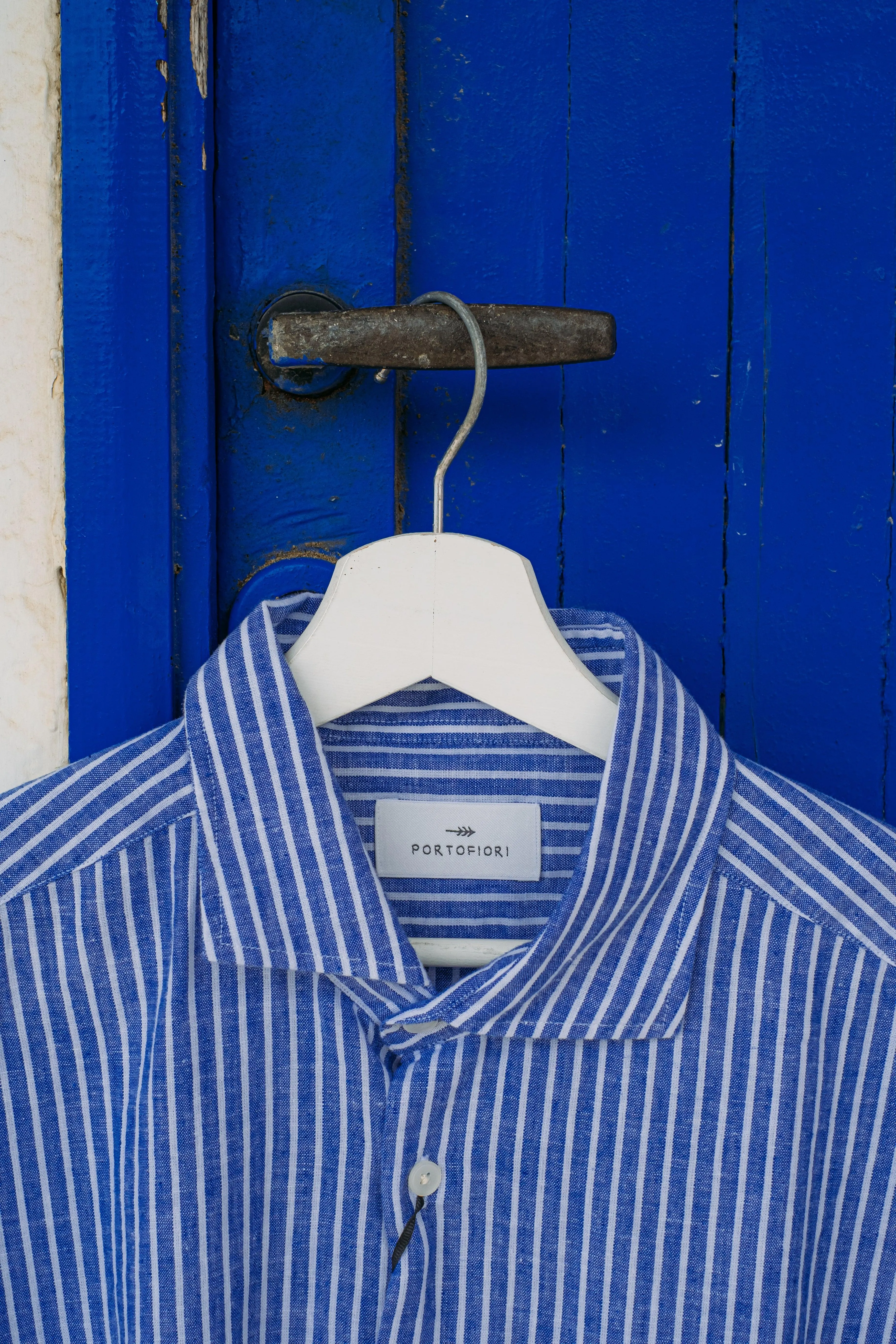 Camicia Misto Lino Riga Blu/Bianco