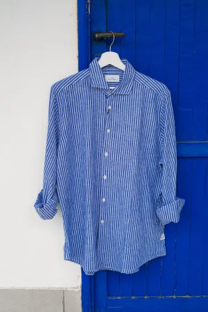 Camicia Misto Lino Riga Blu/Bianco