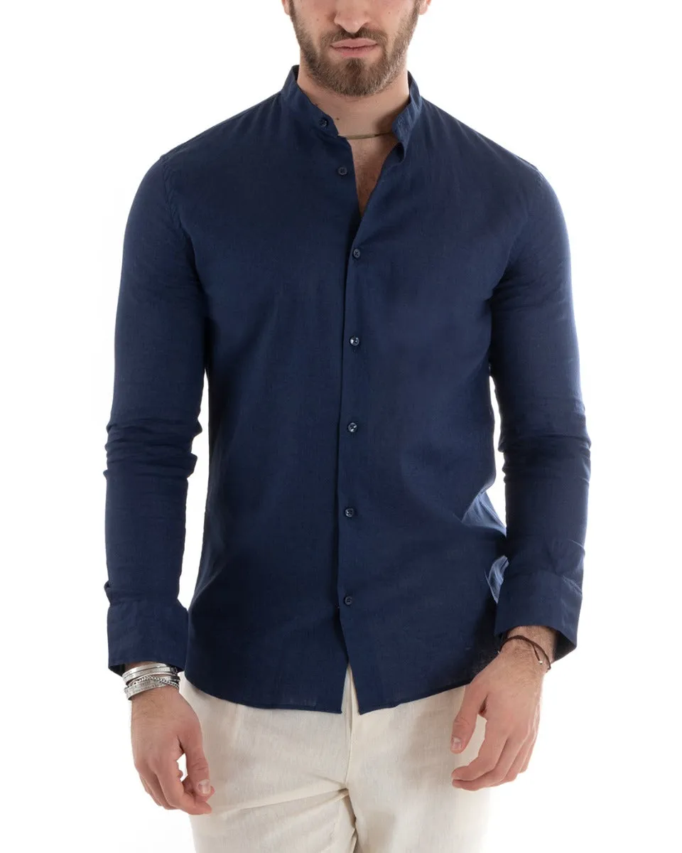 Camicia Uomo Collo Coreano Manica Lunga Lino Tinta Unita Sartoriale Blu GIOSAL-C2664A