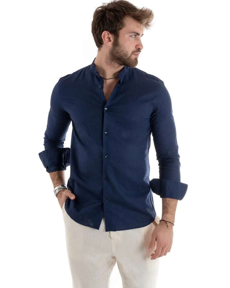 Camicia Uomo Collo Coreano Manica Lunga Lino Tinta Unita Sartoriale Blu GIOSAL-C2664A