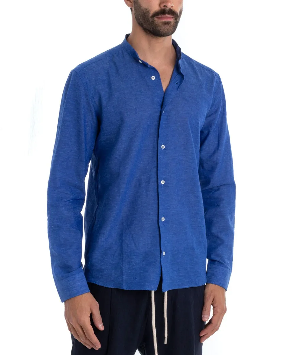 Camicia Uomo Collo Coreano Manica Lunga Regular Fit Lino Melangiata Sartoriale Blu Royal GIOSAL-C2389A