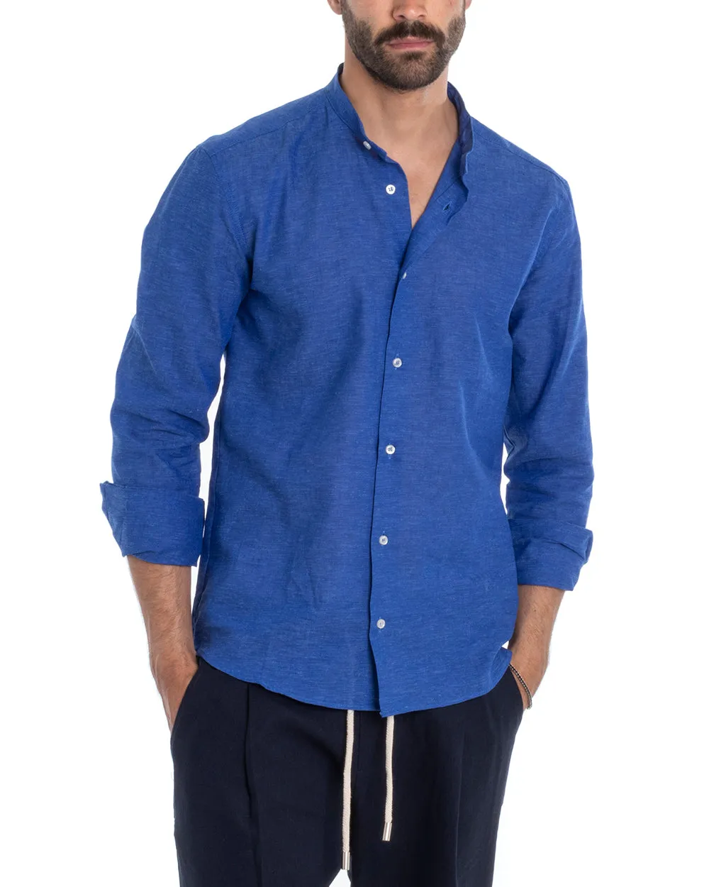 Camicia Uomo Collo Coreano Manica Lunga Regular Fit Lino Melangiata Sartoriale Blu Royal GIOSAL-C2389A