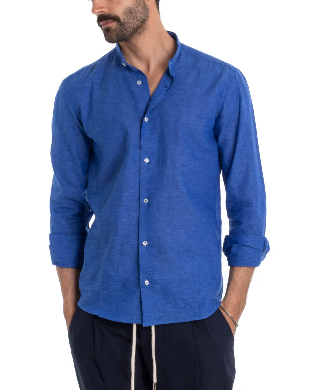 Camicia Uomo Collo Coreano Manica Lunga Regular Fit Lino Melangiata Sartoriale Blu Royal GIOSAL-C2389A