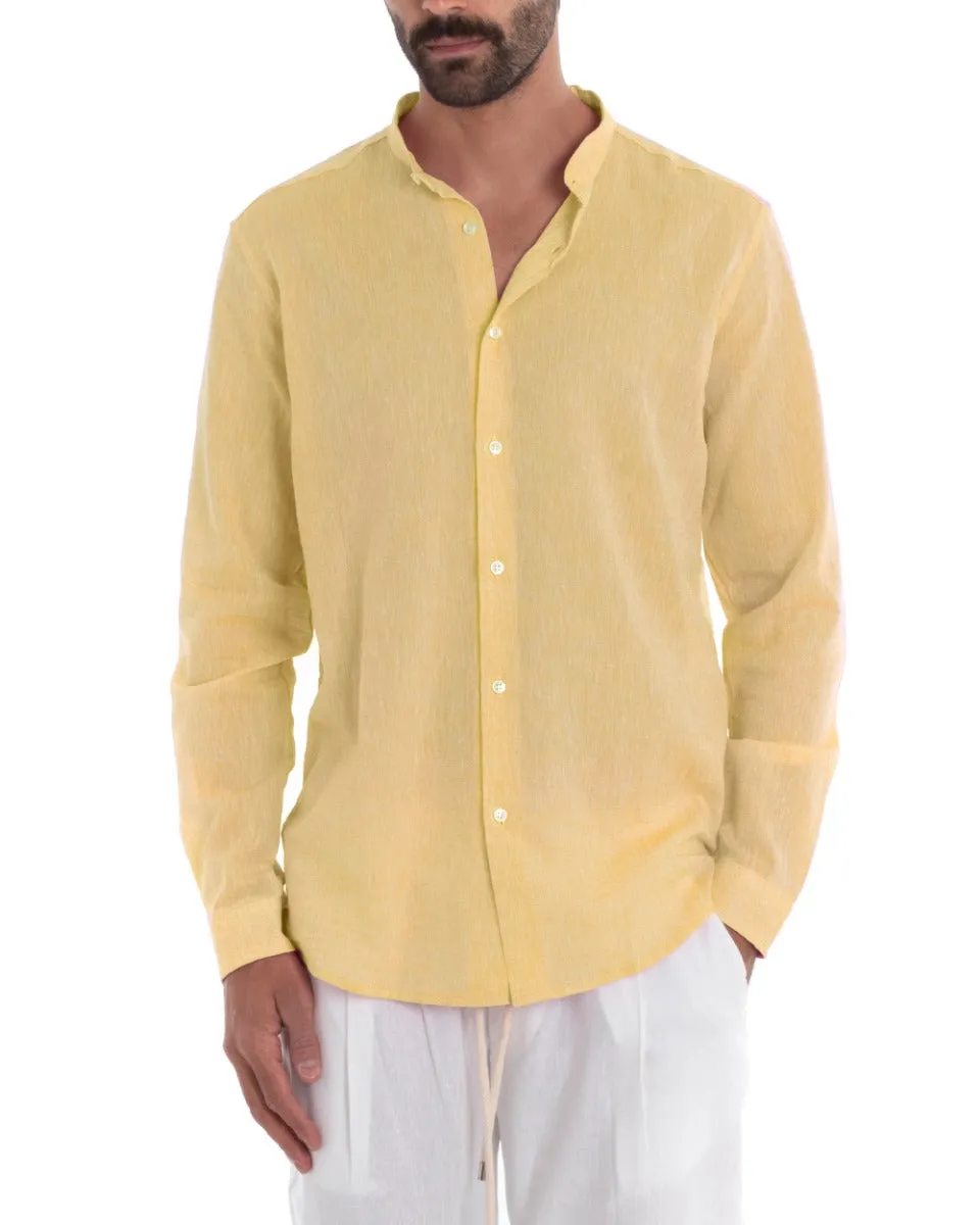 Camicia Uomo Collo Coreano Manica Lunga Regular Fit Lino Melangiata Sartoriale Giallo GIOSAL-C2386A