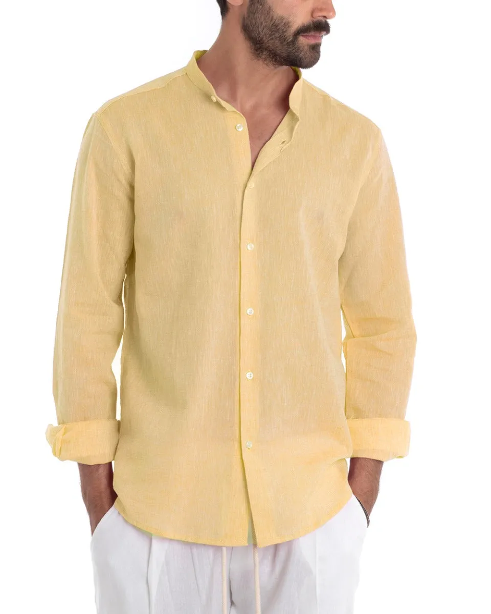 Camicia Uomo Collo Coreano Manica Lunga Regular Fit Lino Melangiata Sartoriale Giallo GIOSAL-C2386A