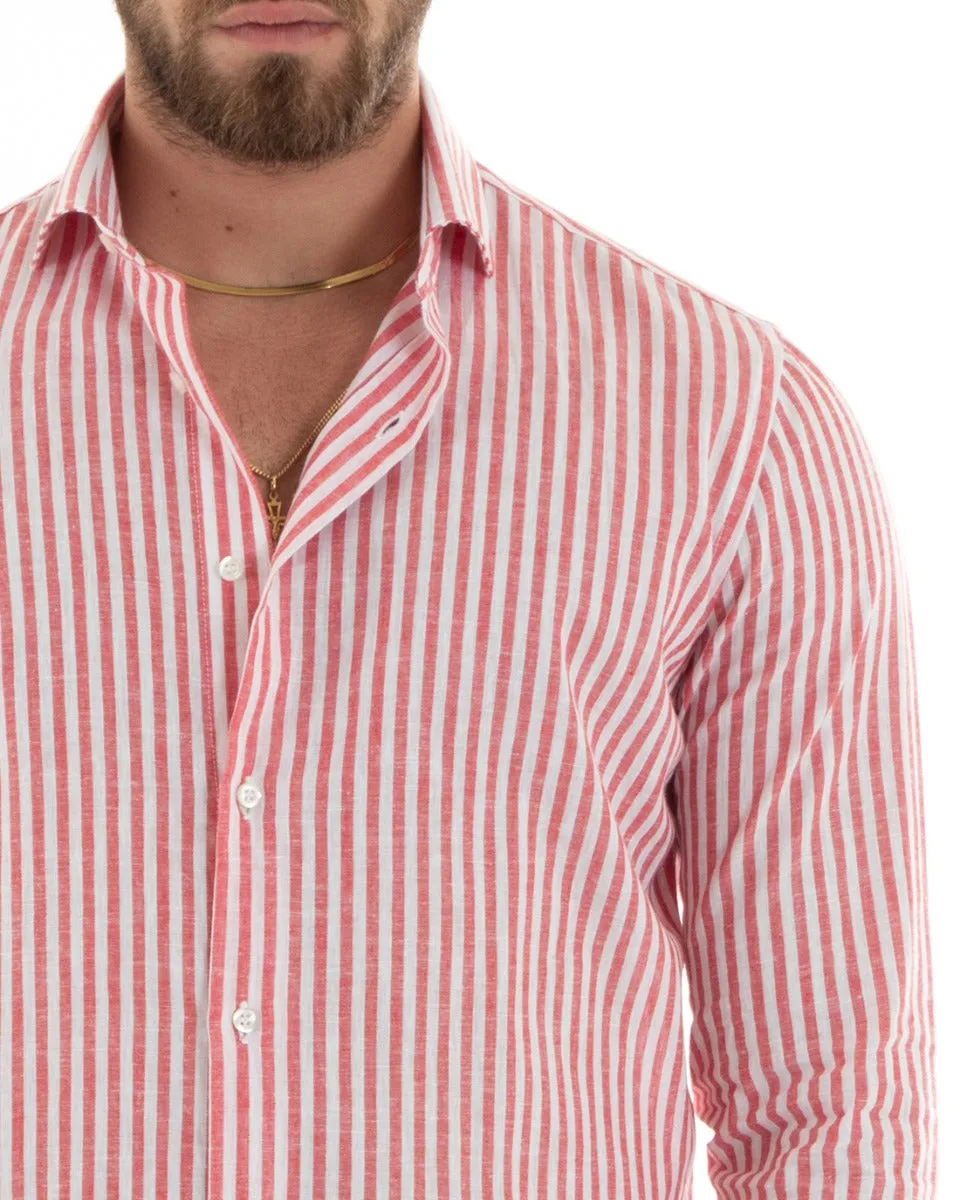 Camicia Uomo Con Colletto Francese Sartoriale Manica Lunga Lino Rigata Stretta Rosso GIOSAL-C2690A