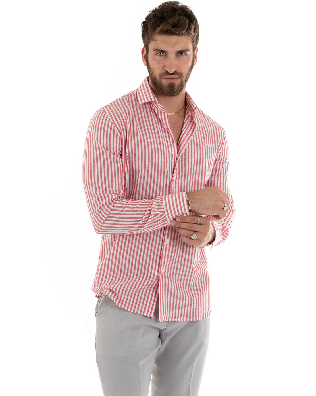 Camicia Uomo Con Colletto Francese Sartoriale Manica Lunga Lino Rigata Stretta Rosso GIOSAL-C2690A