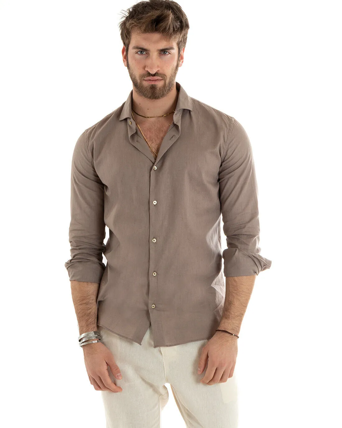 Camicia Uomo Con Colletto Tinta Unita Fango Lino Manica Lunga Casual Sartoriale GIOSAL-C2714A