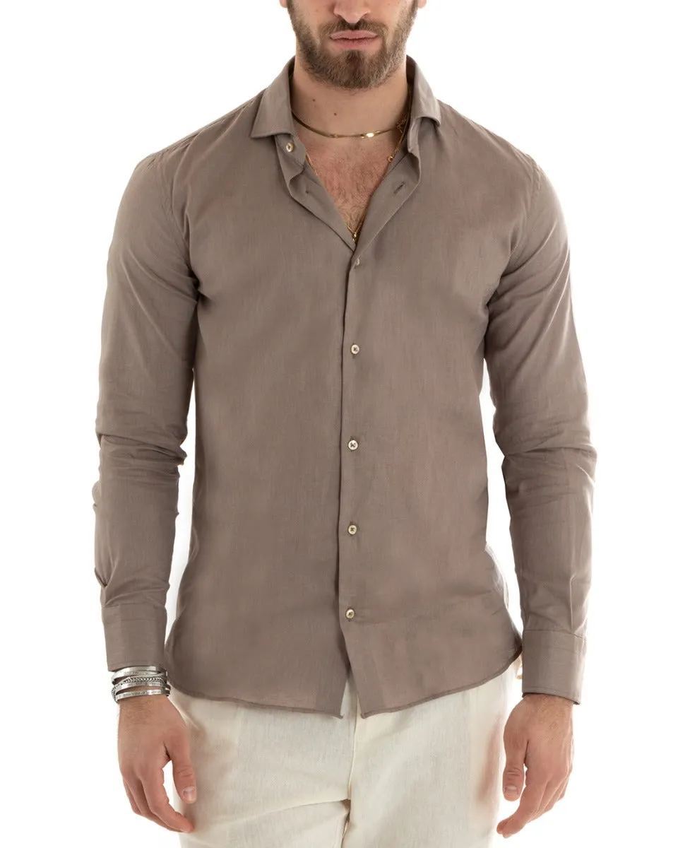 Camicia Uomo Con Colletto Tinta Unita Fango Lino Manica Lunga Casual Sartoriale GIOSAL-C2714A