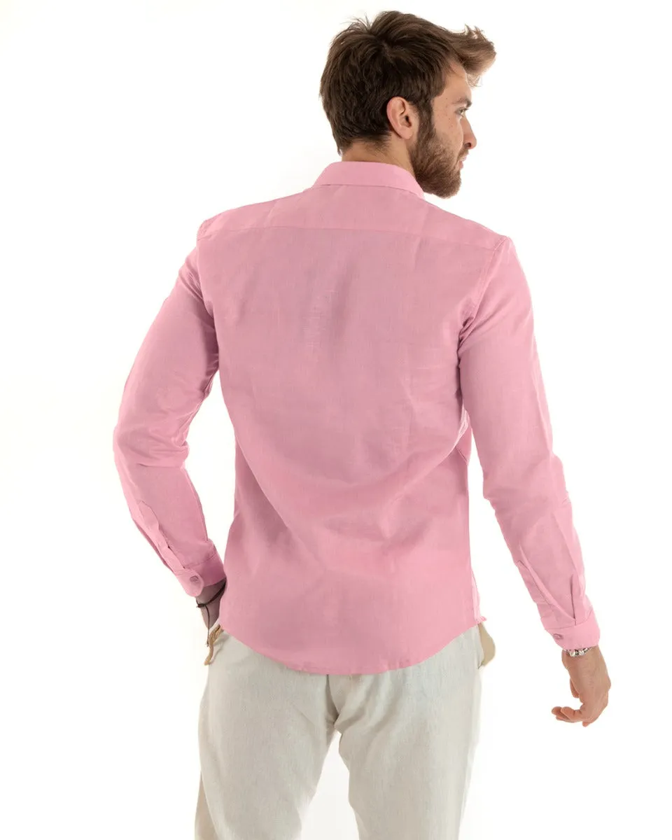 Camicia Uomo Con Colletto Tinta Unita Rosa Lino Manica Lunga Casual Sartoriale GIOSAL-C2725A