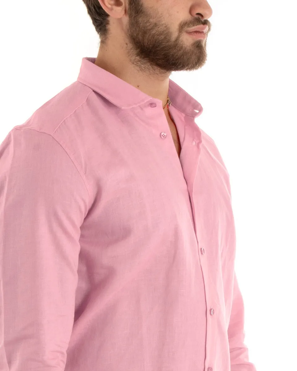 Camicia Uomo Con Colletto Tinta Unita Rosa Lino Manica Lunga Casual Sartoriale GIOSAL-C2725A