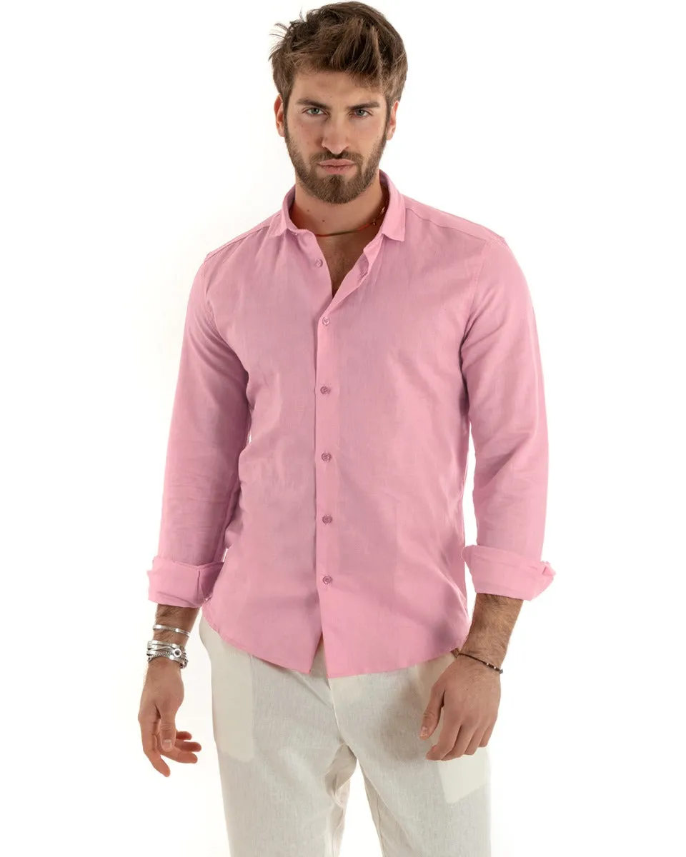 Camicia Uomo Con Colletto Tinta Unita Rosa Lino Manica Lunga Casual Sartoriale GIOSAL-C2725A