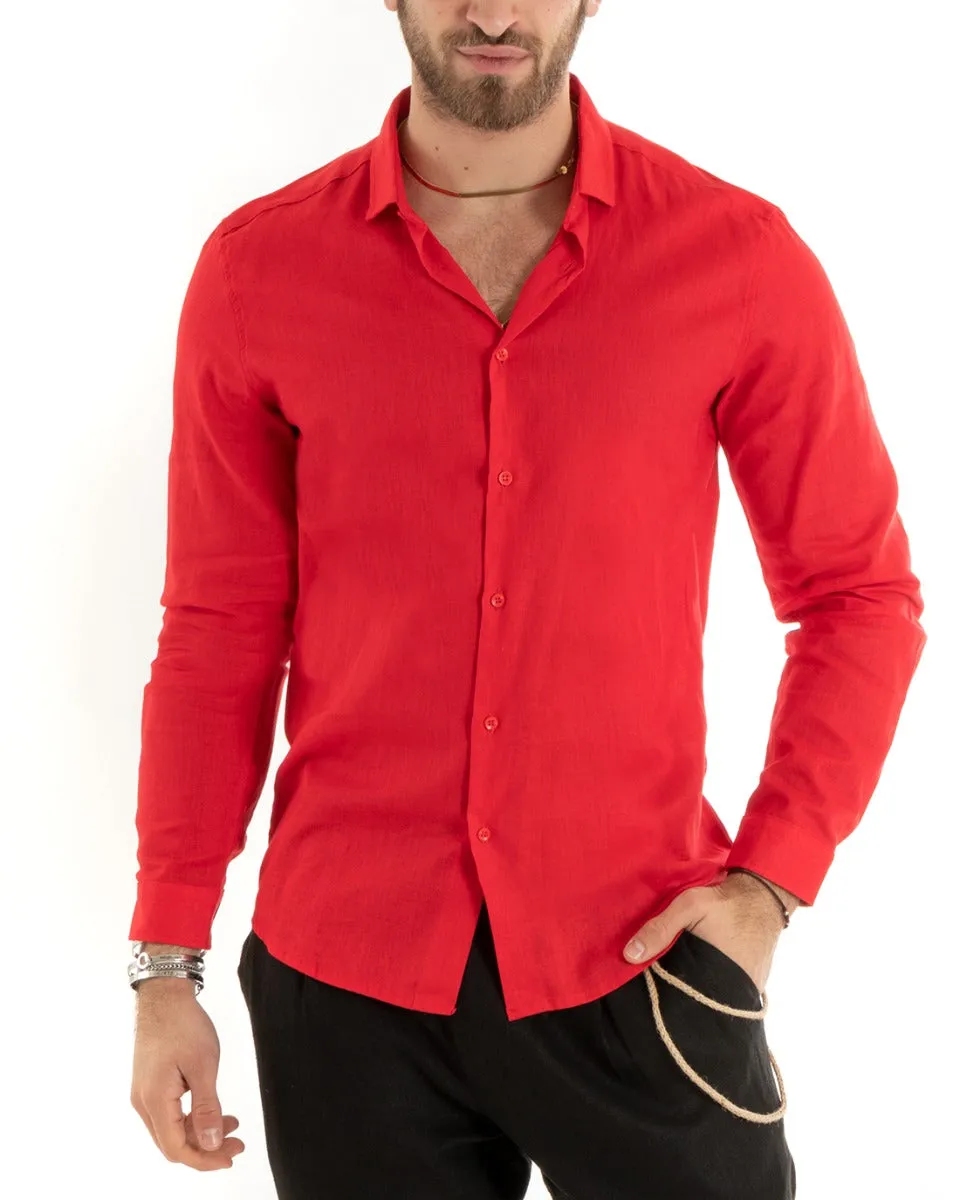 Camicia Uomo Con Colletto Tinta Unita Rosso Lino Manica Lunga Casual Sartoriale GIOSAL-C2721A