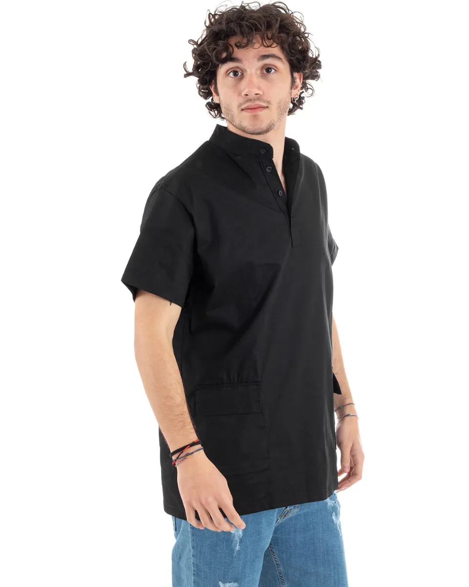 Camicia Uomo Manica Corta Collo Coreano Serafino Nero Tasche GIOSAL-CC1173A