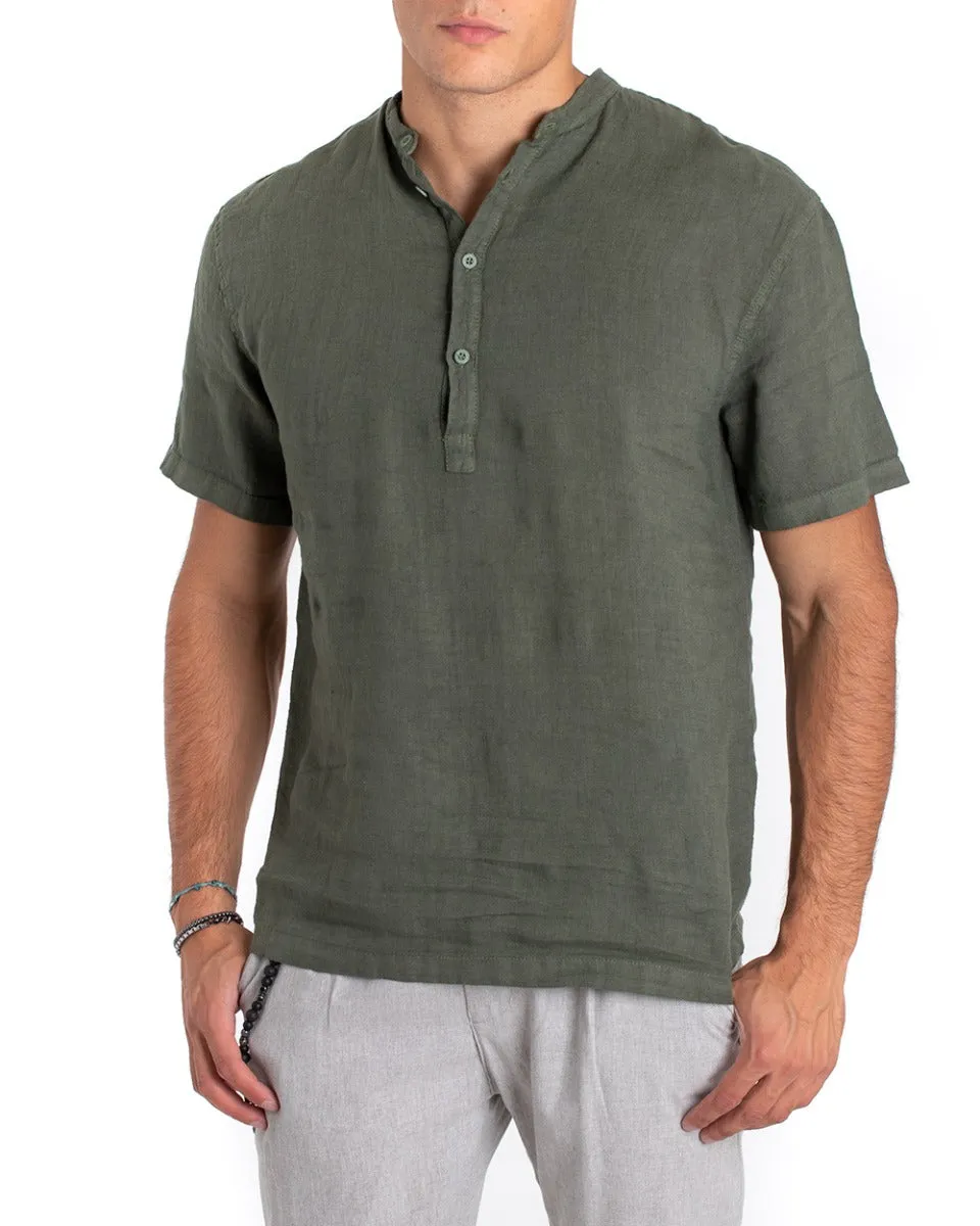 Camicia Uomo Serafino Casacca Manica Corta Lino Casual Tinta Unita Verde GIOSAL-CC1159A