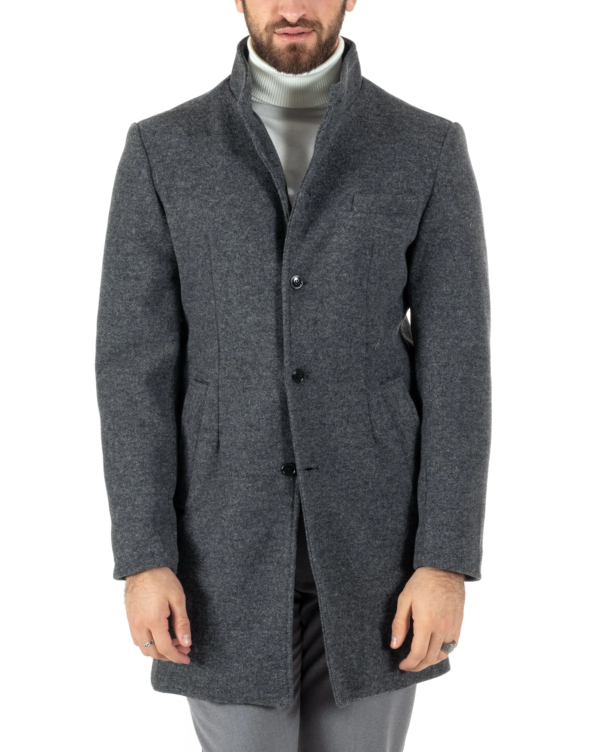 Cappotto Monopetto Uomo Giacca Collo Coreano Giaccone Lungo Grigio Scuro Baronetto Elegante GIOSAL-CO1017A