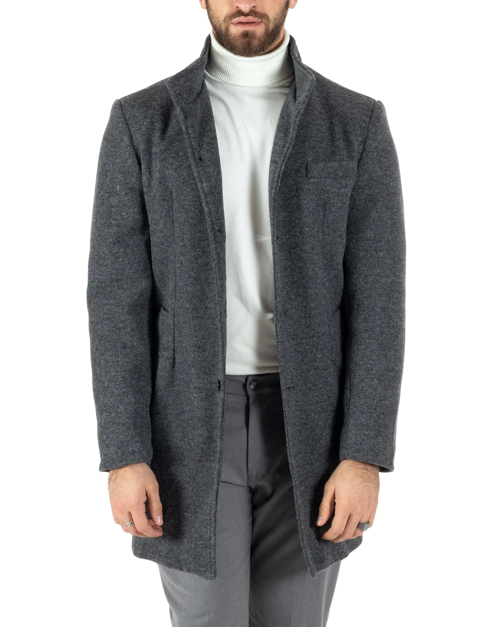 Cappotto Monopetto Uomo Giacca Collo Coreano Giaccone Lungo Grigio Scuro Baronetto Elegante GIOSAL-CO1017A