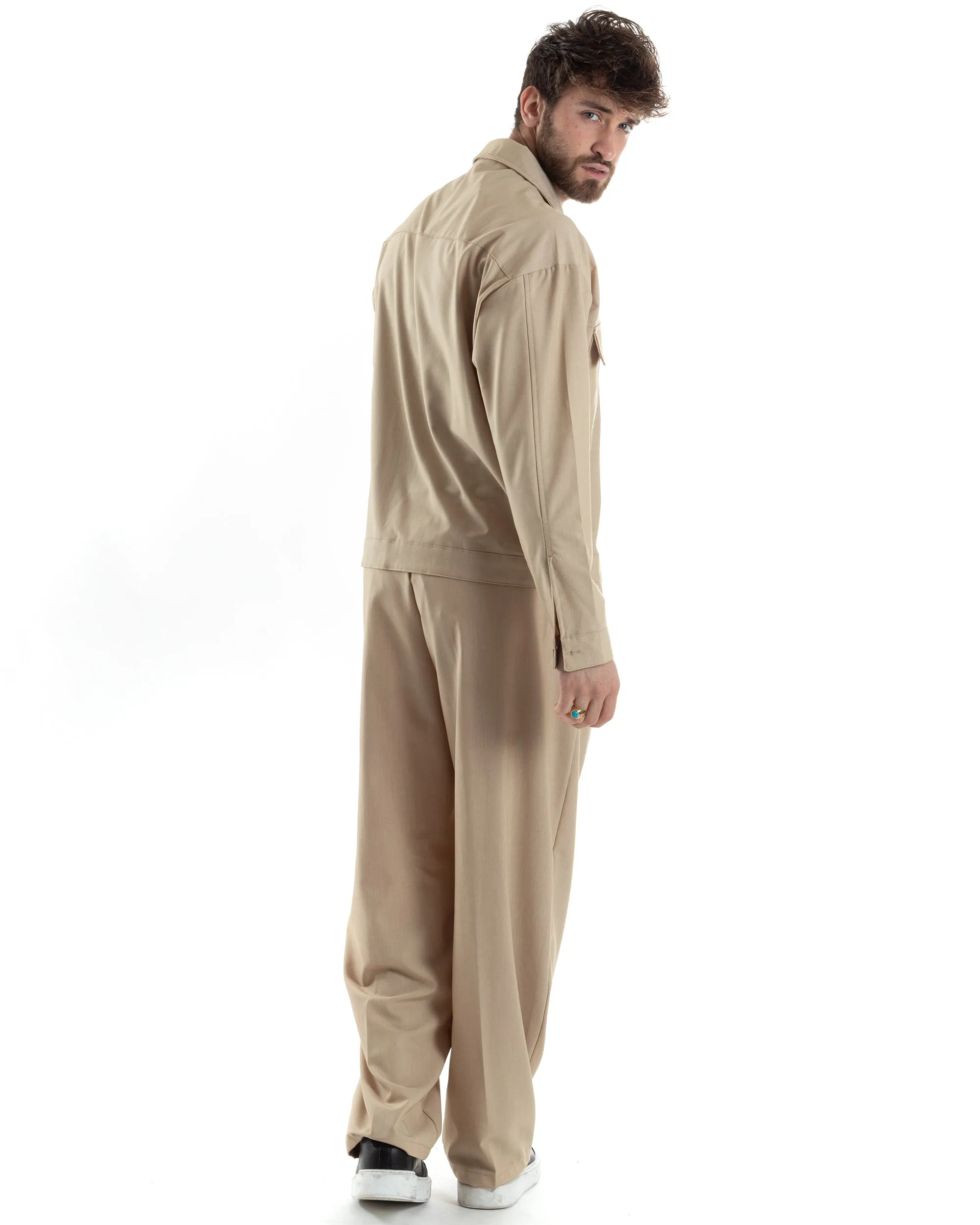 Completo Boxy Set Coordinato Uomo Viscosa Camicia Cropped Pantalaccio Fondo Largo Beige GIOSAL-OU2444A