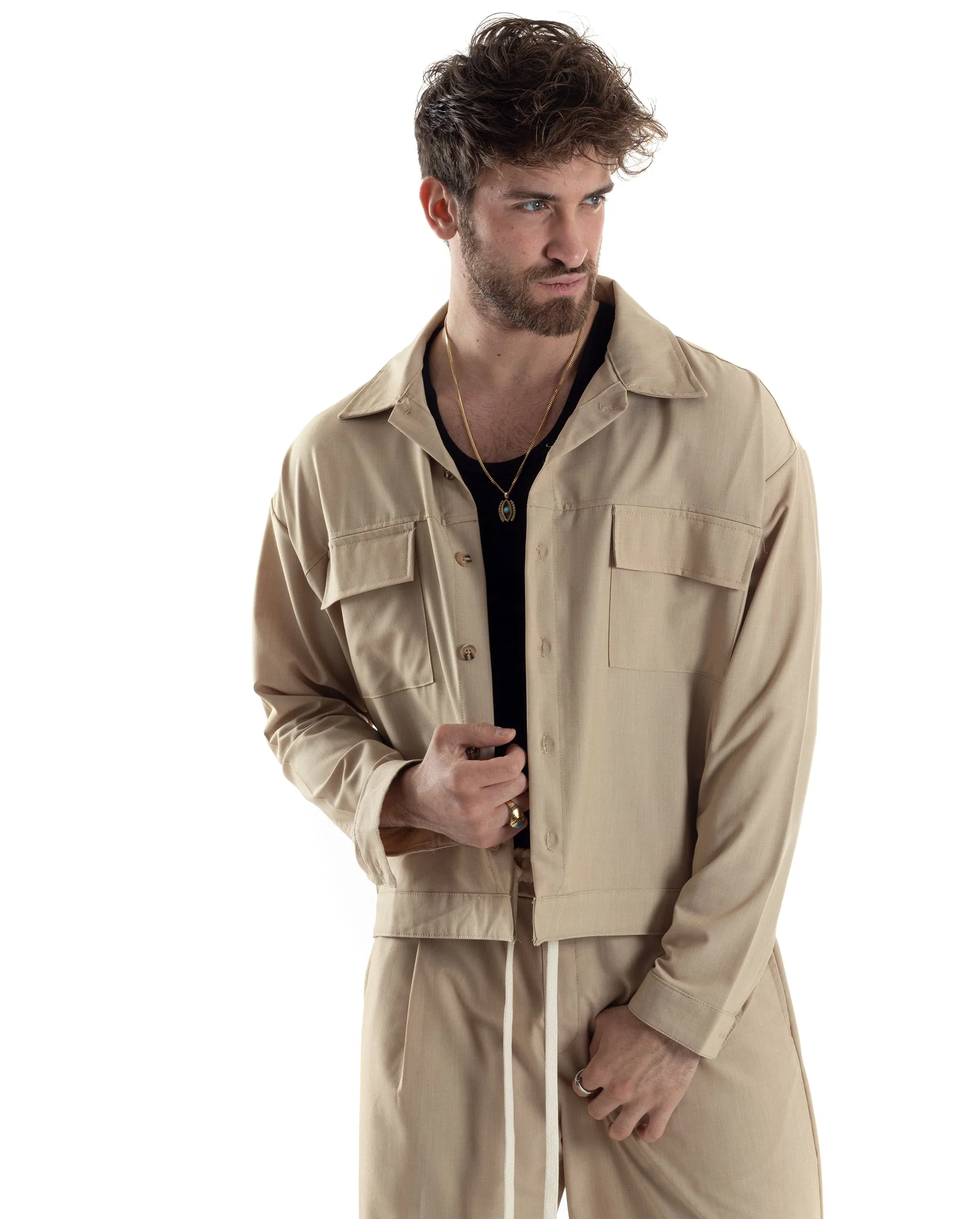 Completo Boxy Set Coordinato Uomo Viscosa Camicia Cropped Pantalaccio Fondo Largo Beige GIOSAL-OU2444A