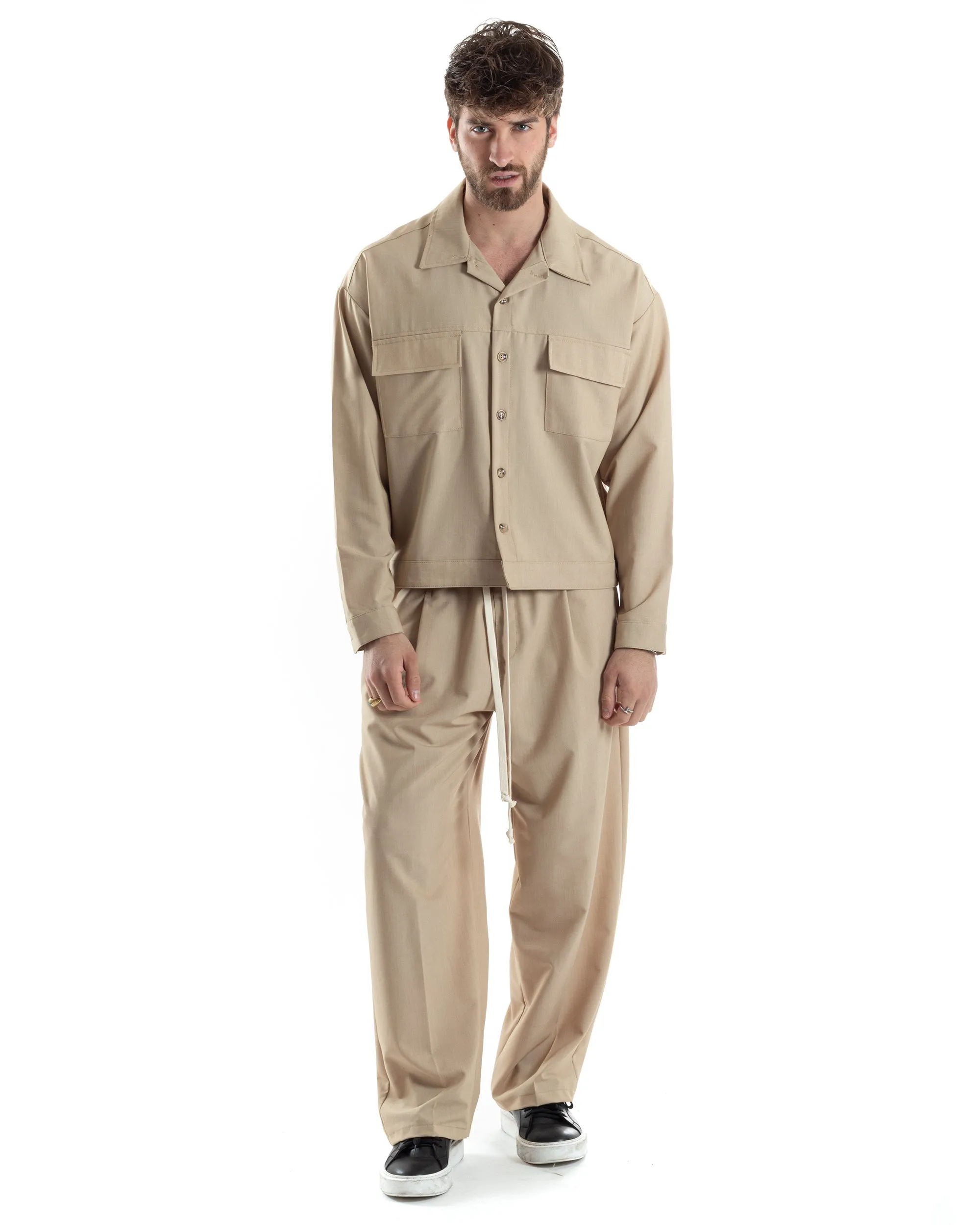 Completo Boxy Set Coordinato Uomo Viscosa Camicia Cropped Pantalaccio Fondo Largo Beige GIOSAL-OU2444A