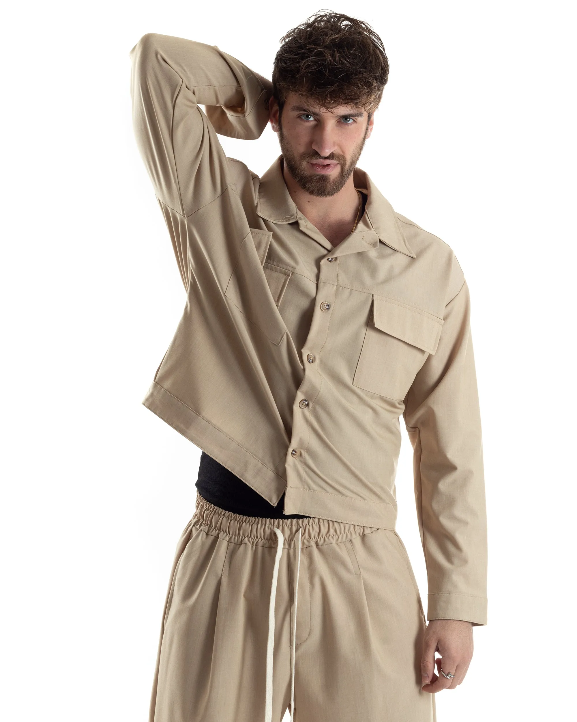 Completo Boxy Set Coordinato Uomo Viscosa Camicia Cropped Pantalaccio Fondo Largo Beige GIOSAL-OU2444A