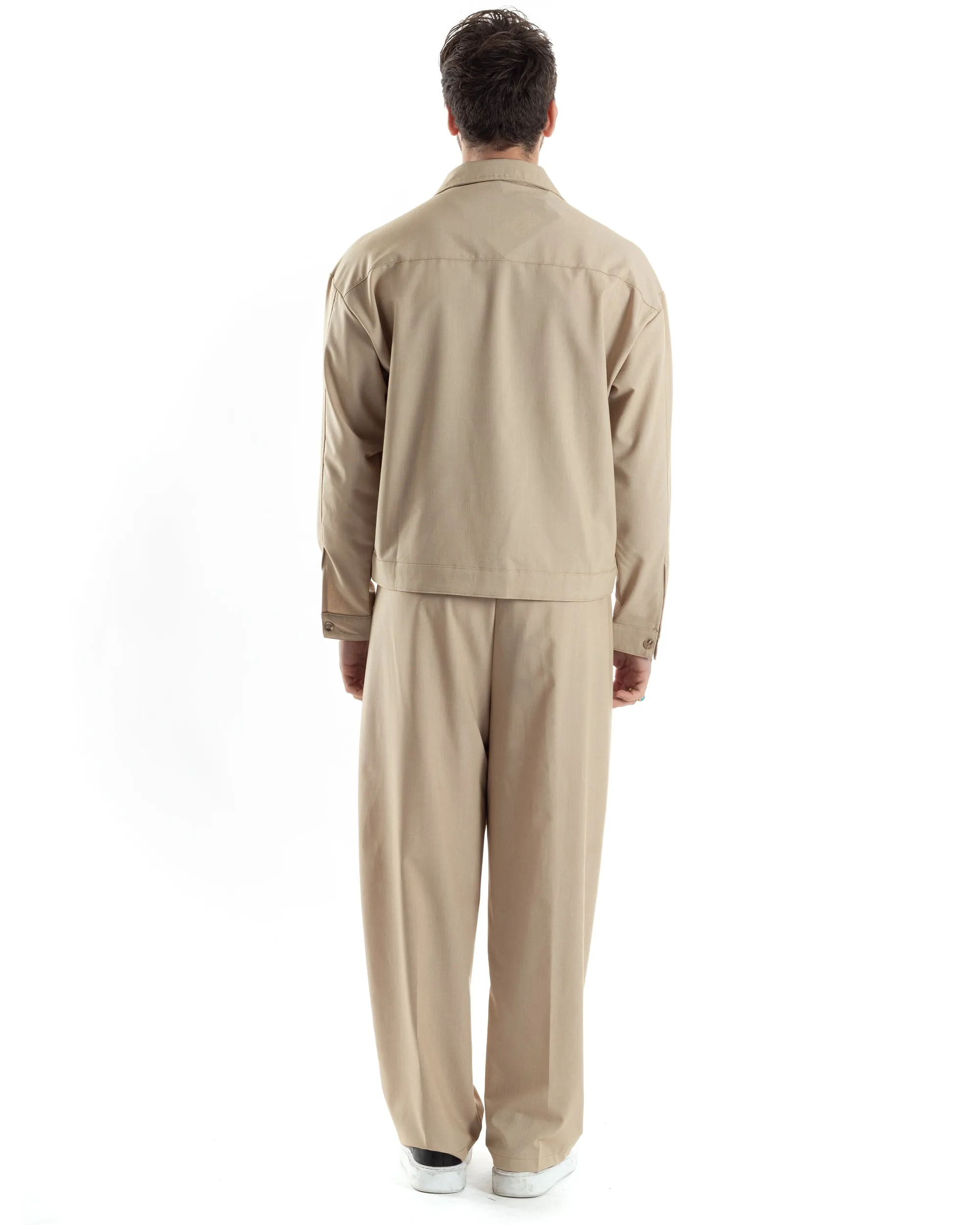 Completo Boxy Set Coordinato Uomo Viscosa Camicia Cropped Pantalaccio Fondo Largo Beige GIOSAL-OU2444A