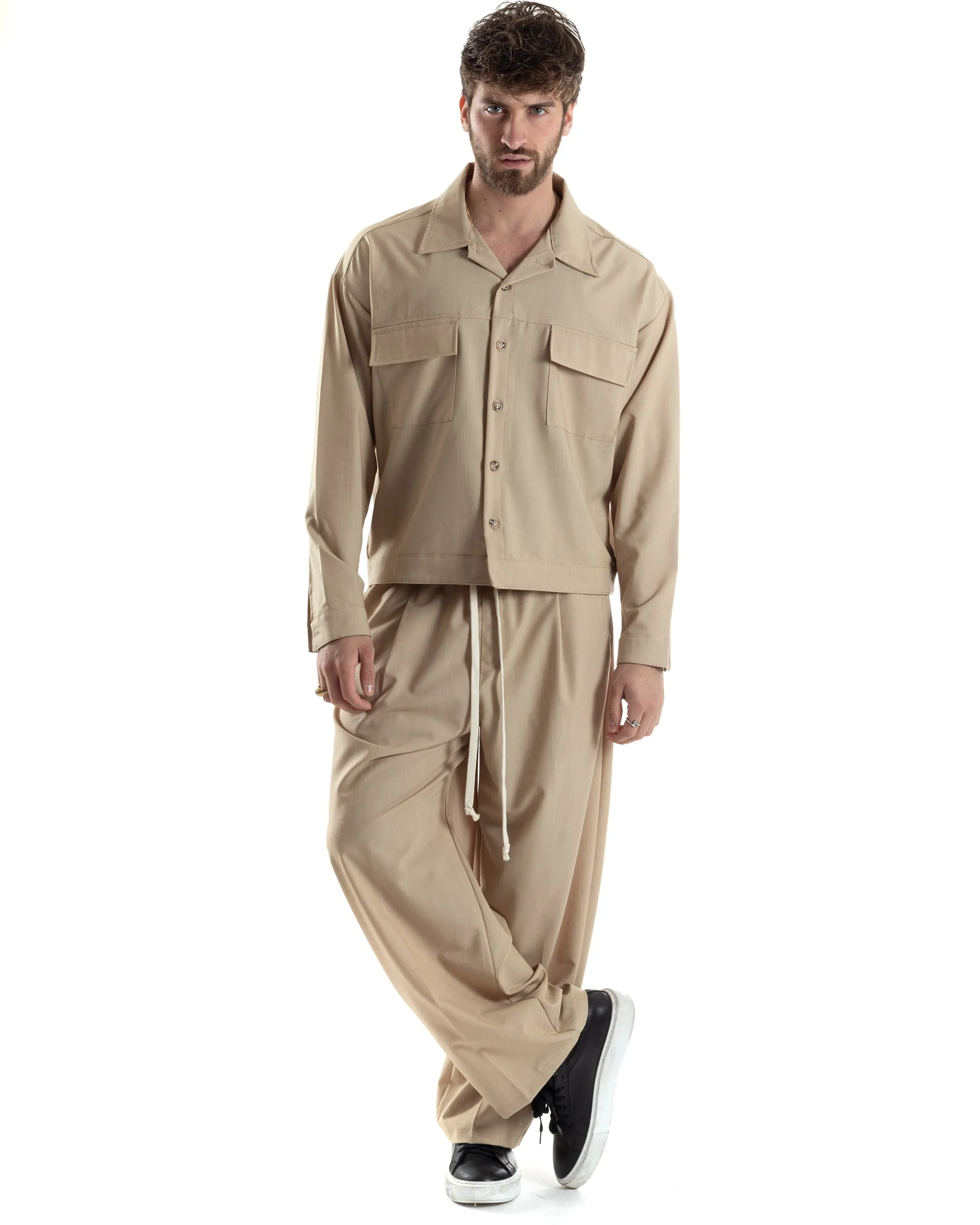 Completo Boxy Set Coordinato Uomo Viscosa Camicia Cropped Pantalaccio Fondo Largo Beige GIOSAL-OU2444A