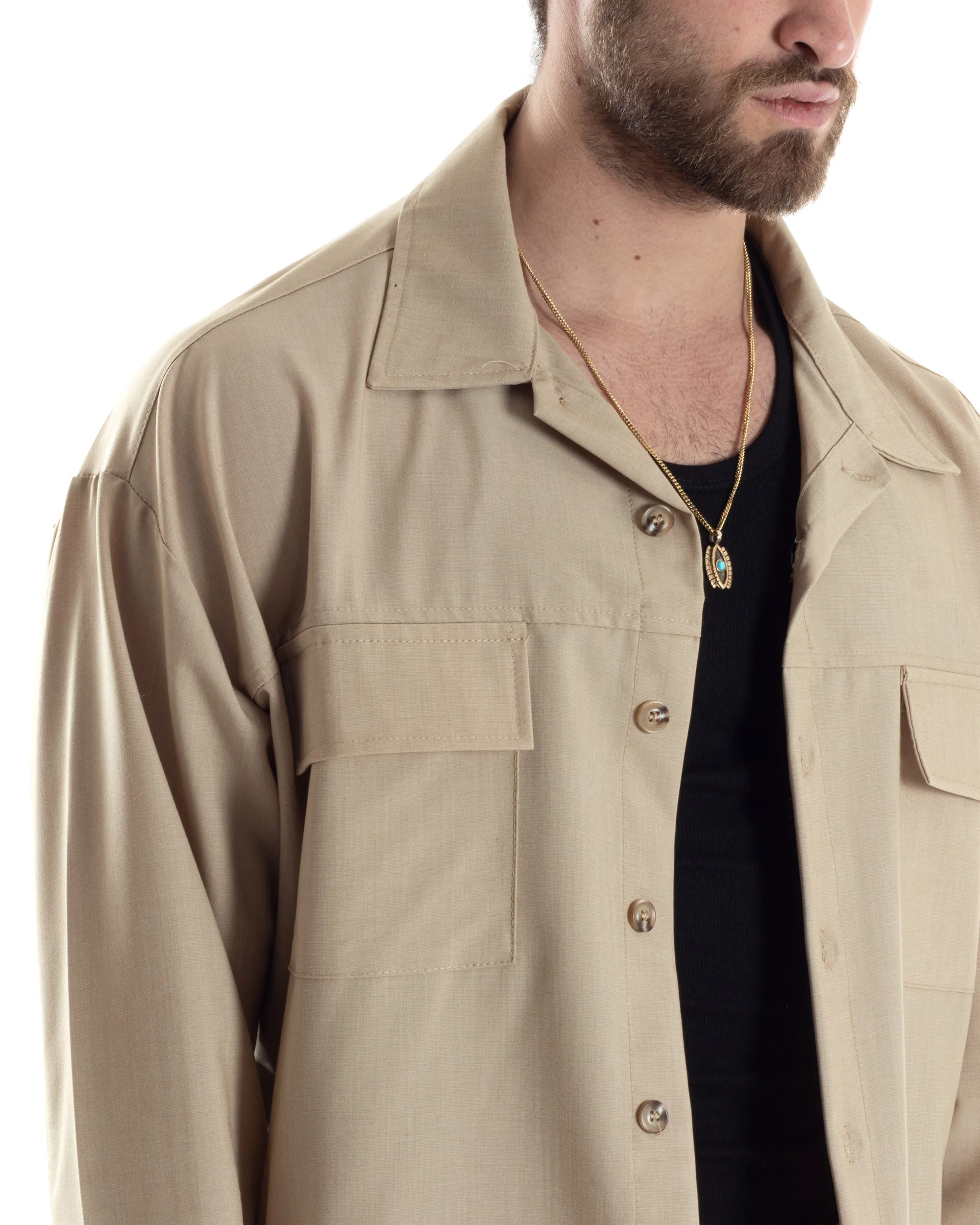 Completo Boxy Set Coordinato Uomo Viscosa Camicia Cropped Pantalaccio Fondo Largo Beige GIOSAL-OU2444A