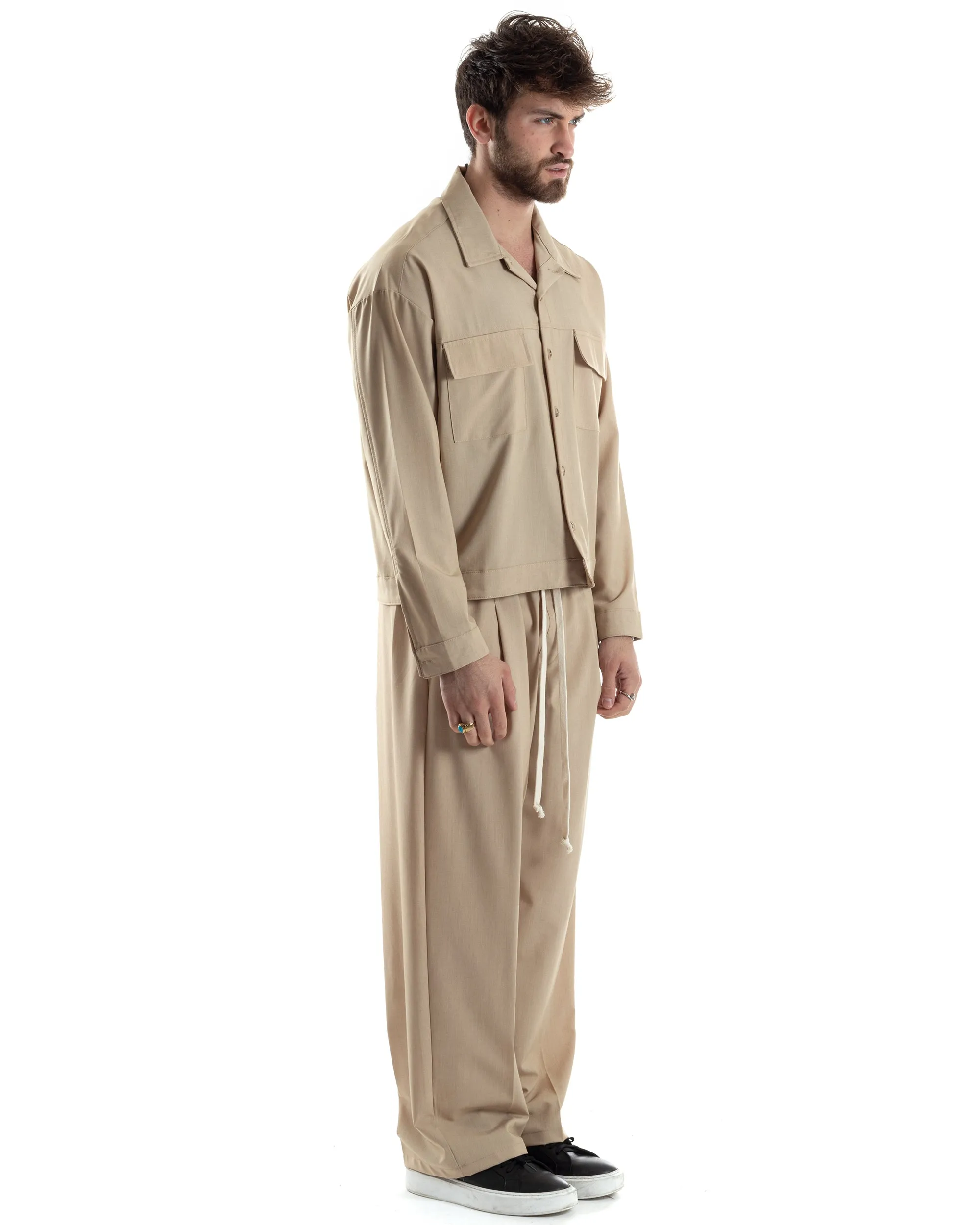 Completo Boxy Set Coordinato Uomo Viscosa Camicia Cropped Pantalaccio Fondo Largo Beige GIOSAL-OU2444A