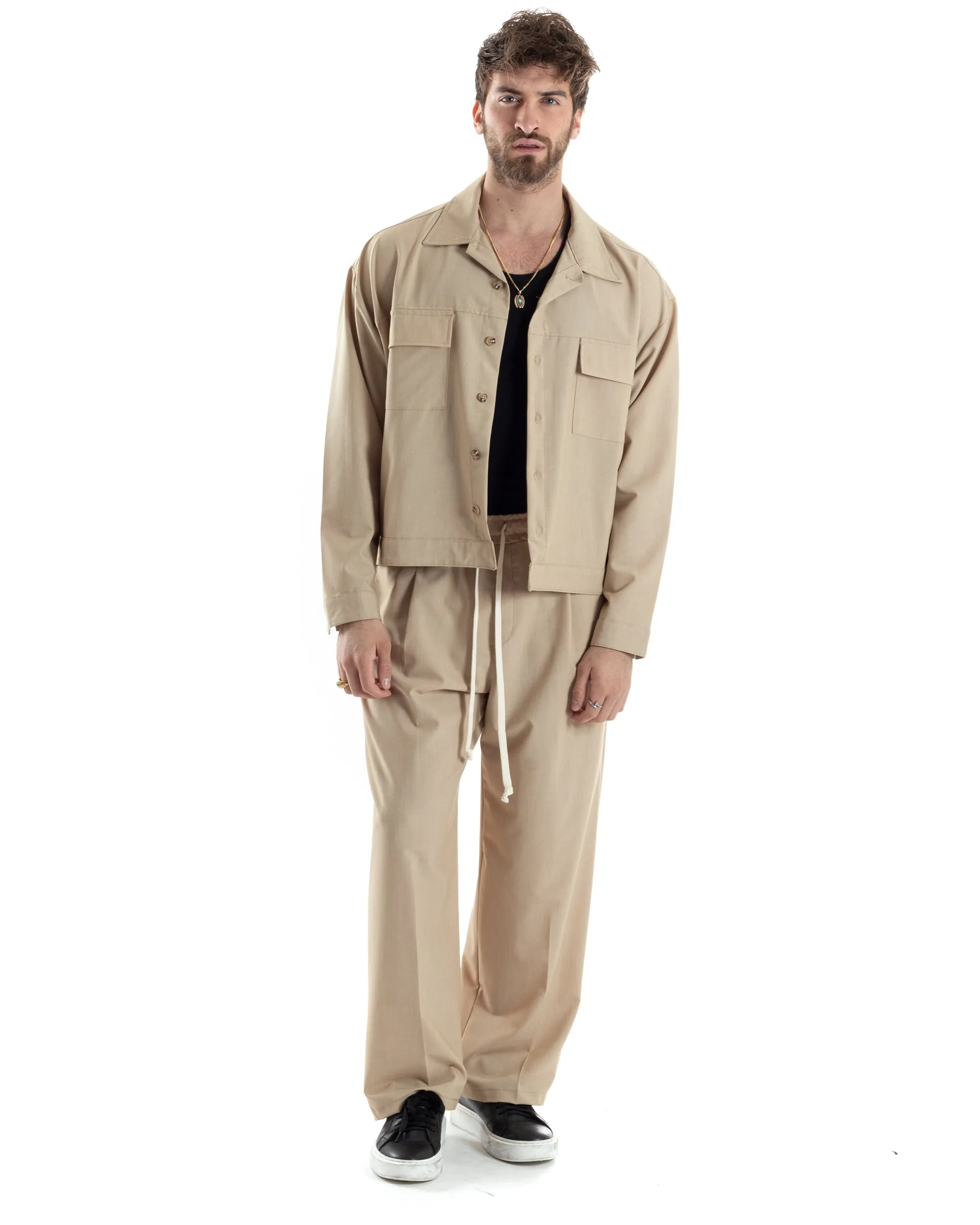 Completo Boxy Set Coordinato Uomo Viscosa Camicia Cropped Pantalaccio Fondo Largo Beige GIOSAL-OU2444A