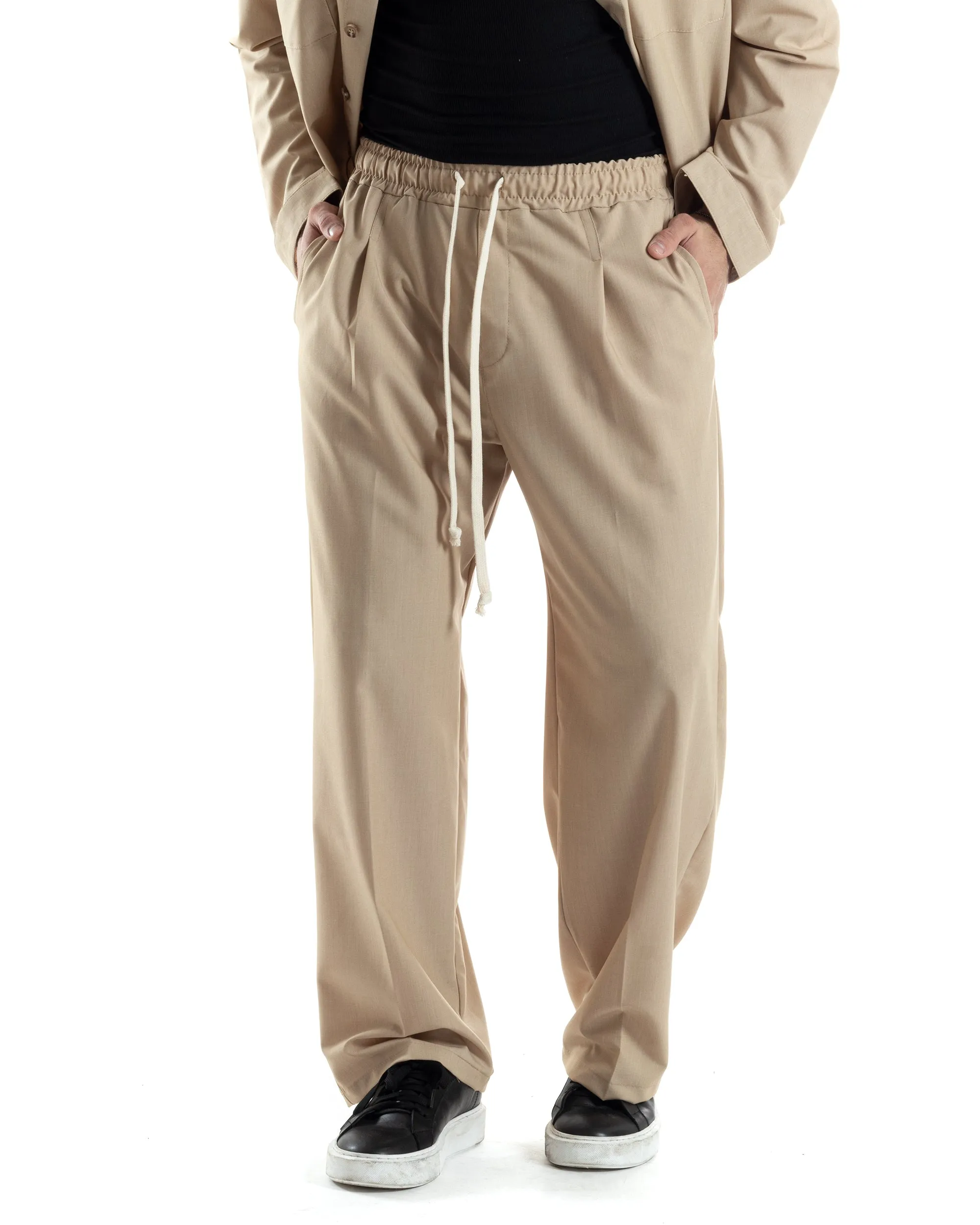 Completo Boxy Set Coordinato Uomo Viscosa Camicia Cropped Pantalaccio Fondo Largo Beige GIOSAL-OU2444A