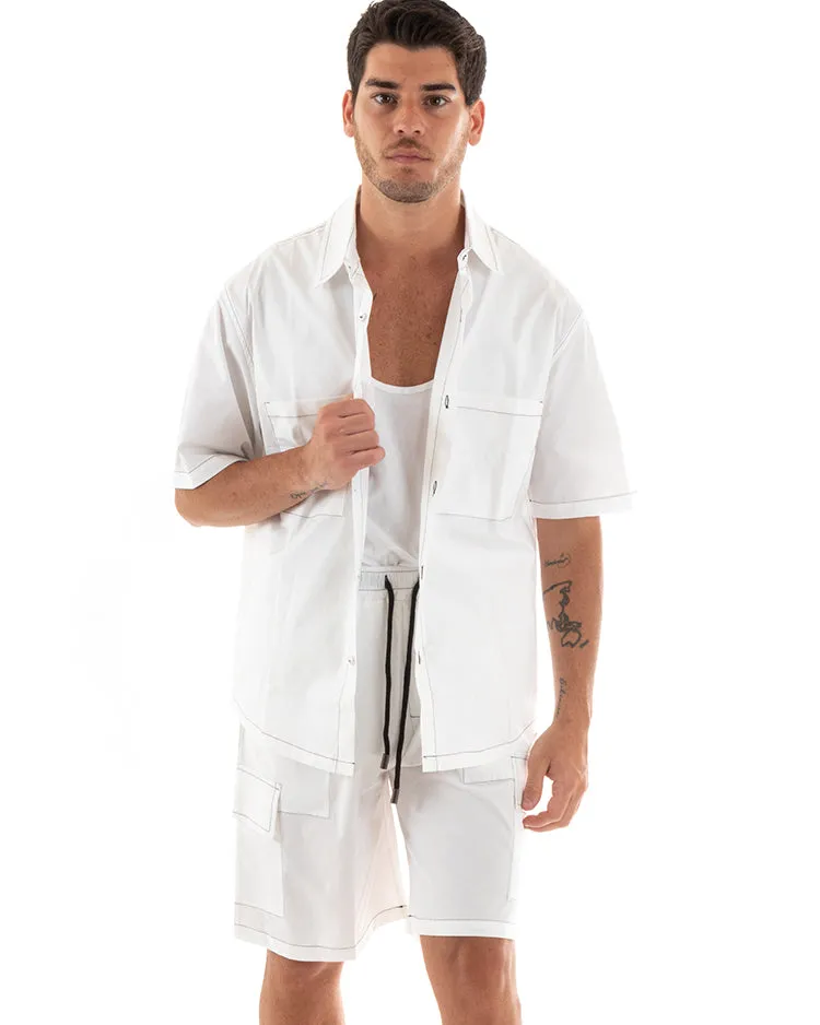 Completo Set Coordinato Uomo Cotone Camicia Con Colletto Bermuda Cargo Outfit Bianco GIOSAL-OU2368A