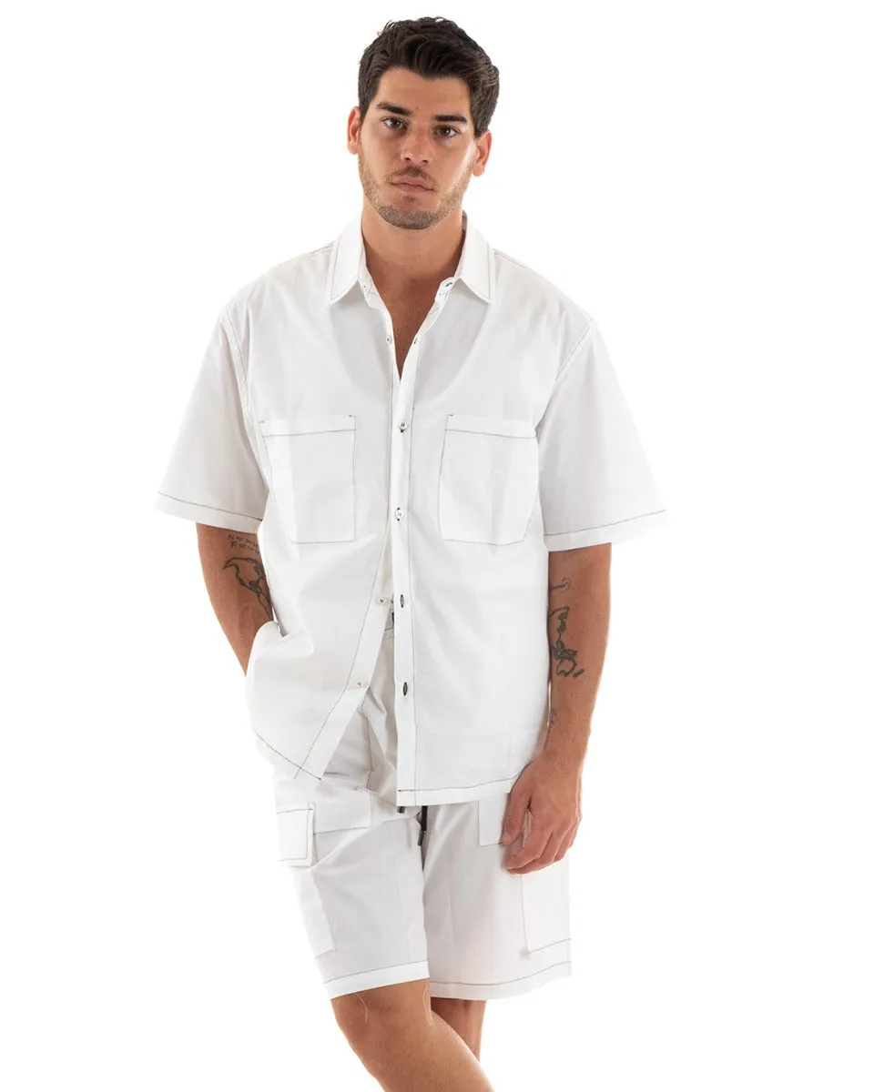 Completo Set Coordinato Uomo Cotone Camicia Con Colletto Bermuda Cargo Outfit Bianco GIOSAL-OU2368A